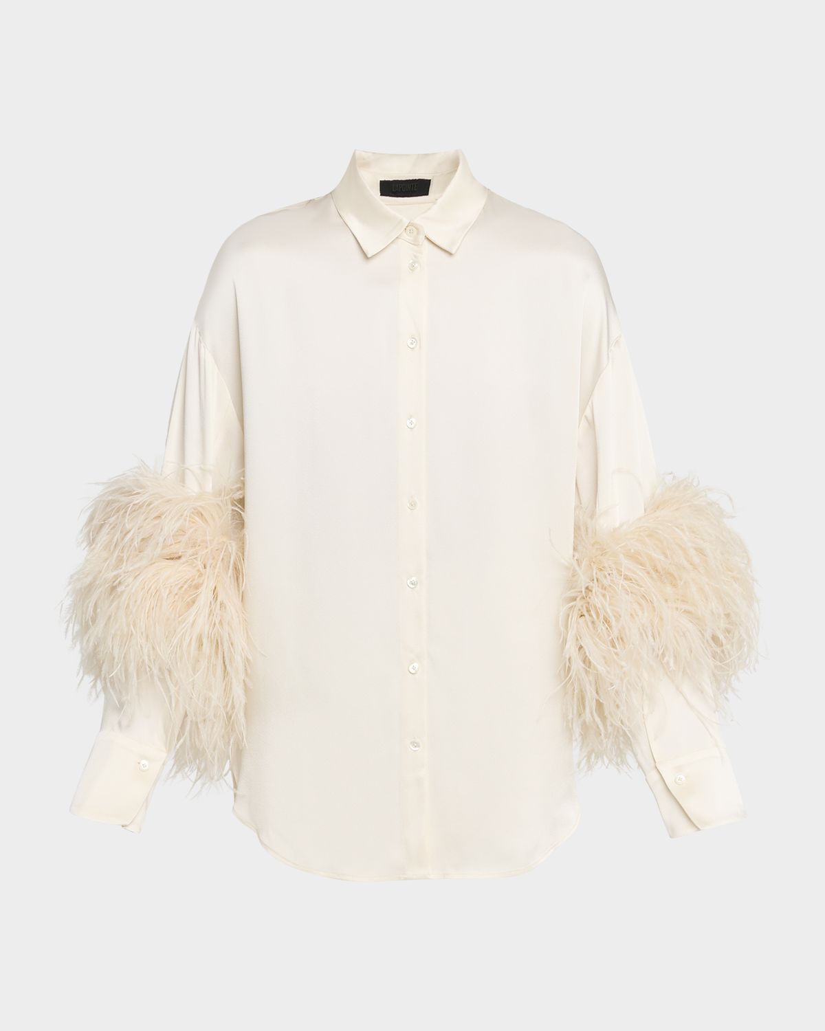LAPOINTE Satin Button-Down Blouse With Feather Trim