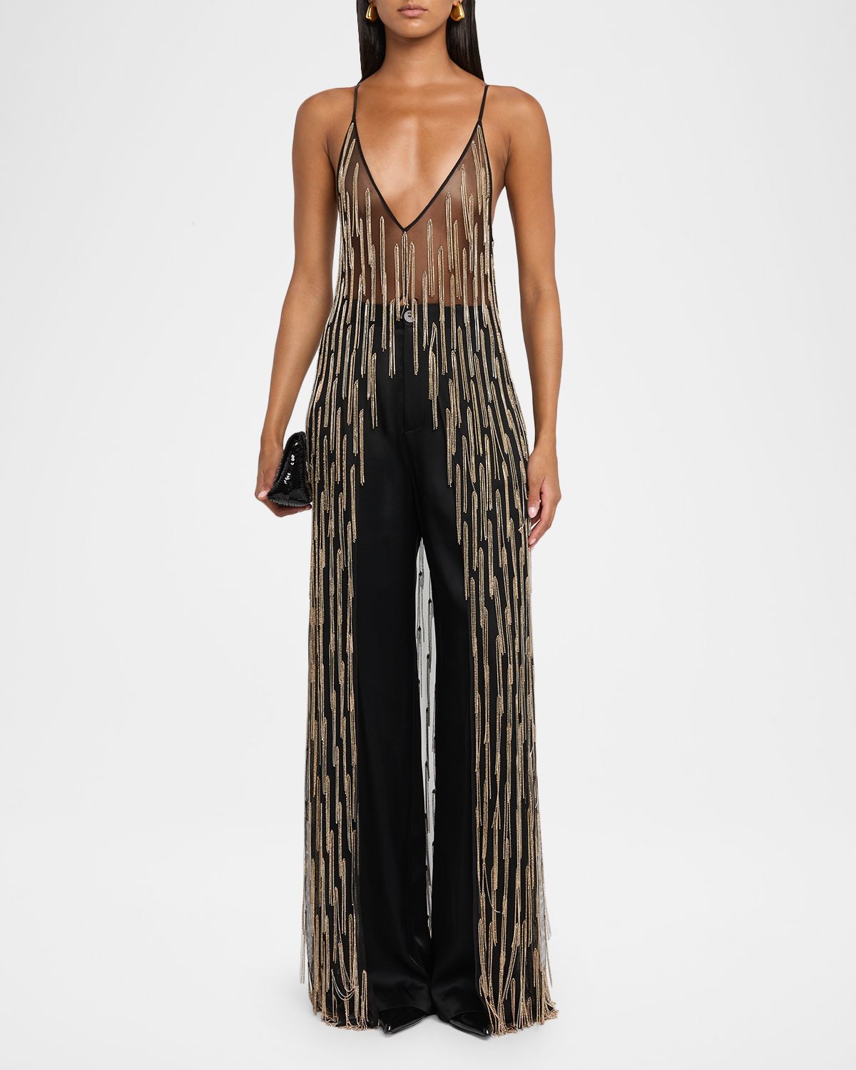 LAPOINTE Sheer Rhinestone Fringe Cami Top