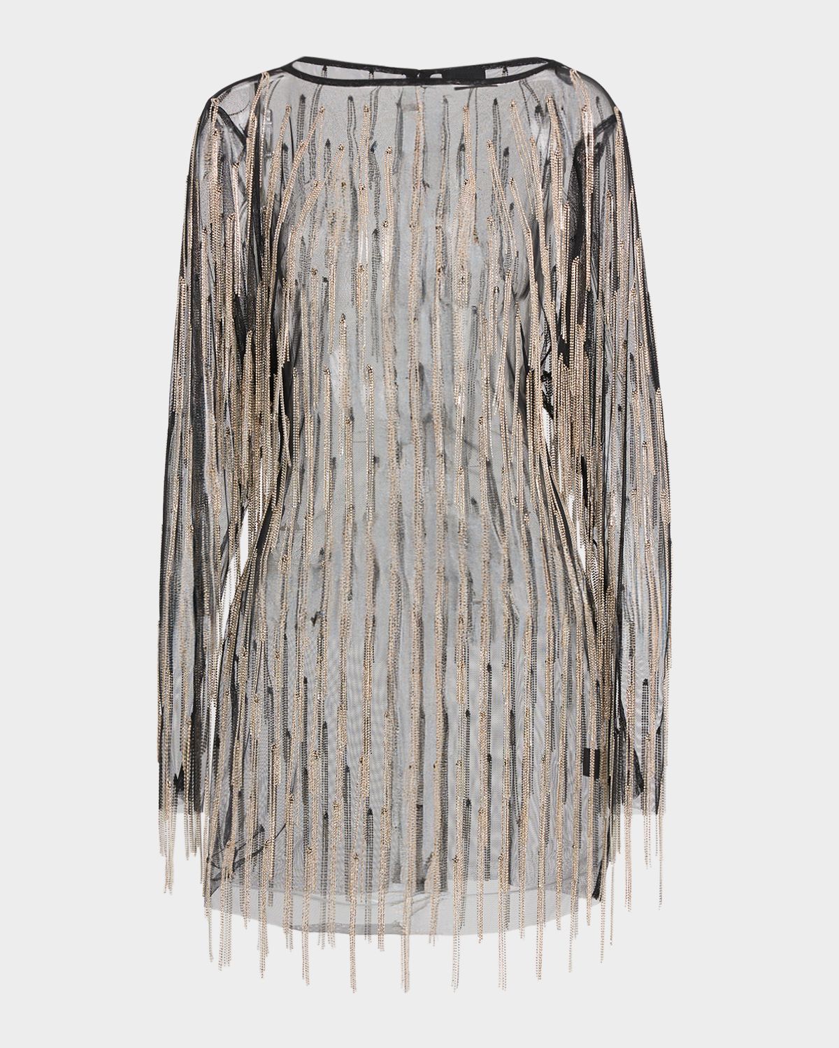 LAPOINTE Crystal Fringe Mesh Long-Sleeve Mini Dress