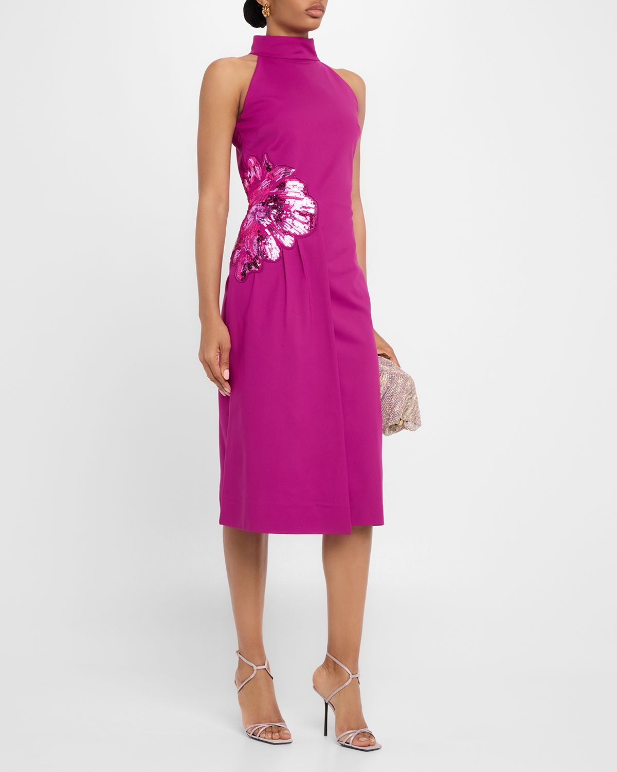 Chiara Boni La Petite Robe Sequin Floral Applique Halter Midi Dress