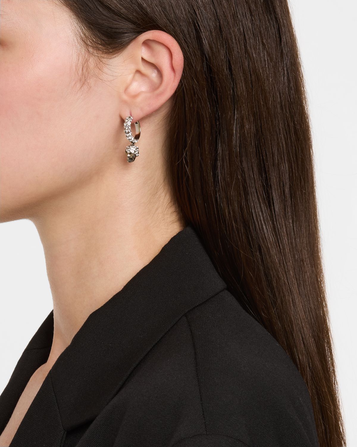 McQueen Pave Skull Hoop Earrings, Silver