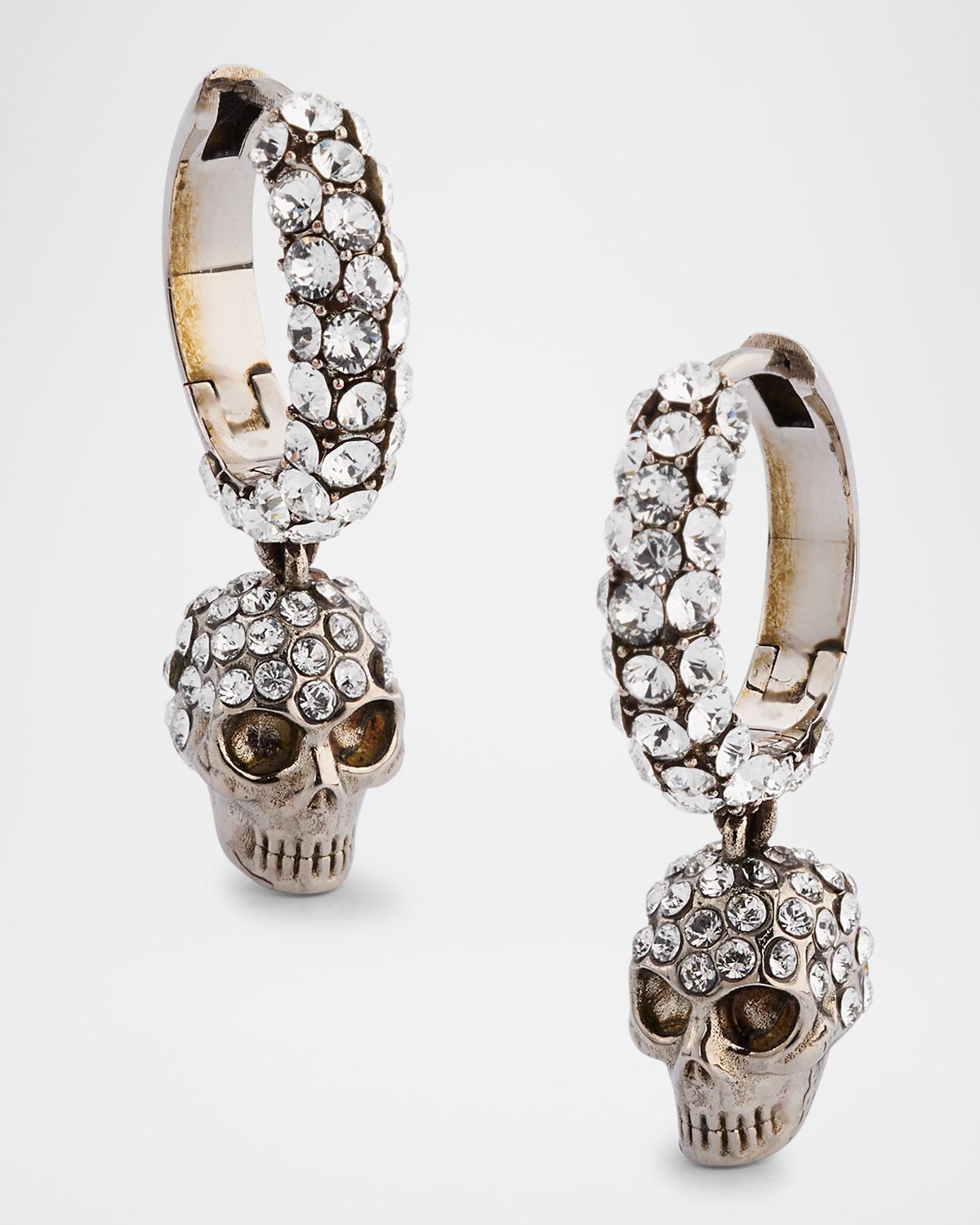 McQueen Pave Skull Hoop Earrings, Silver