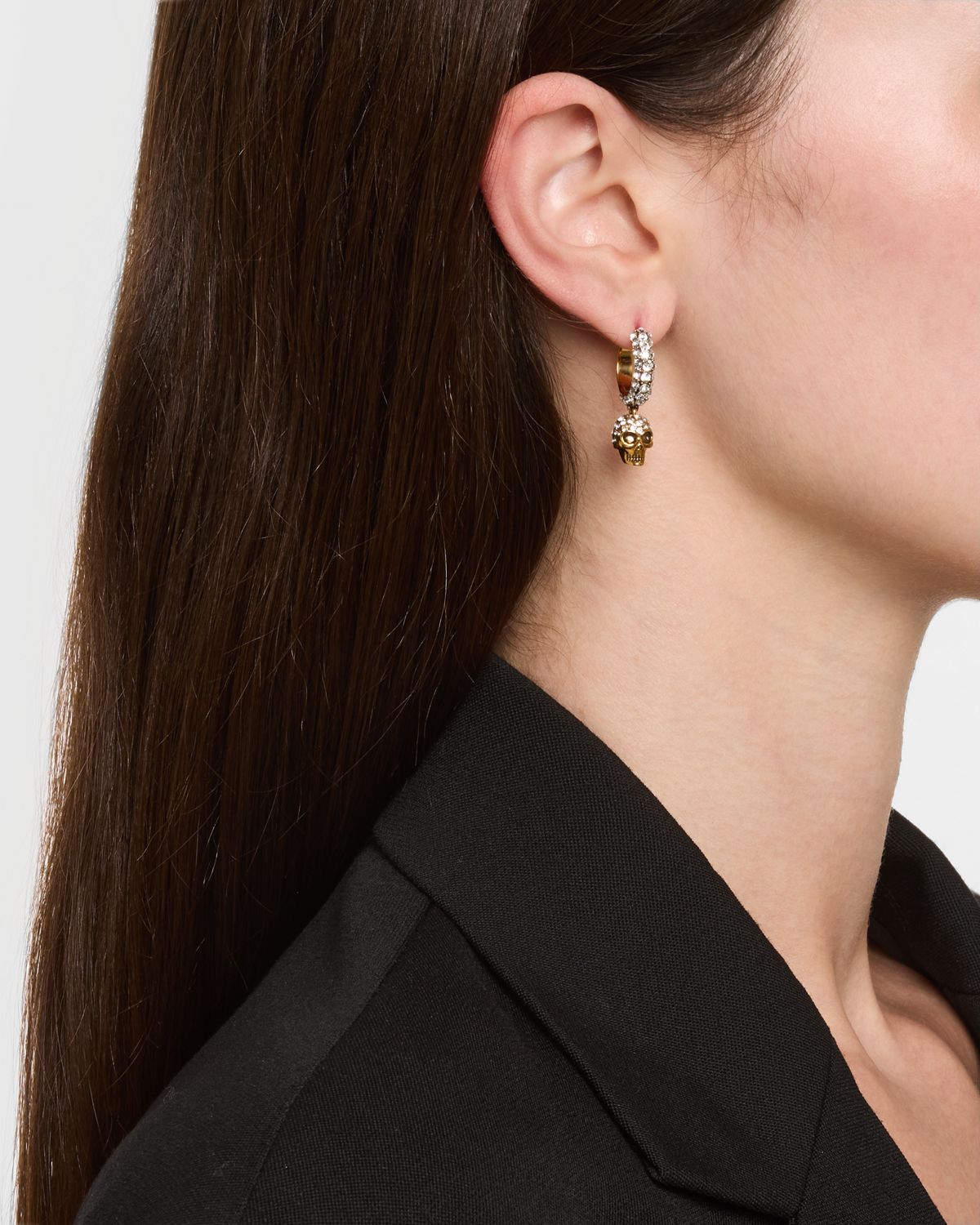 McQueen Pave Skull Hoop Earrings, Gold