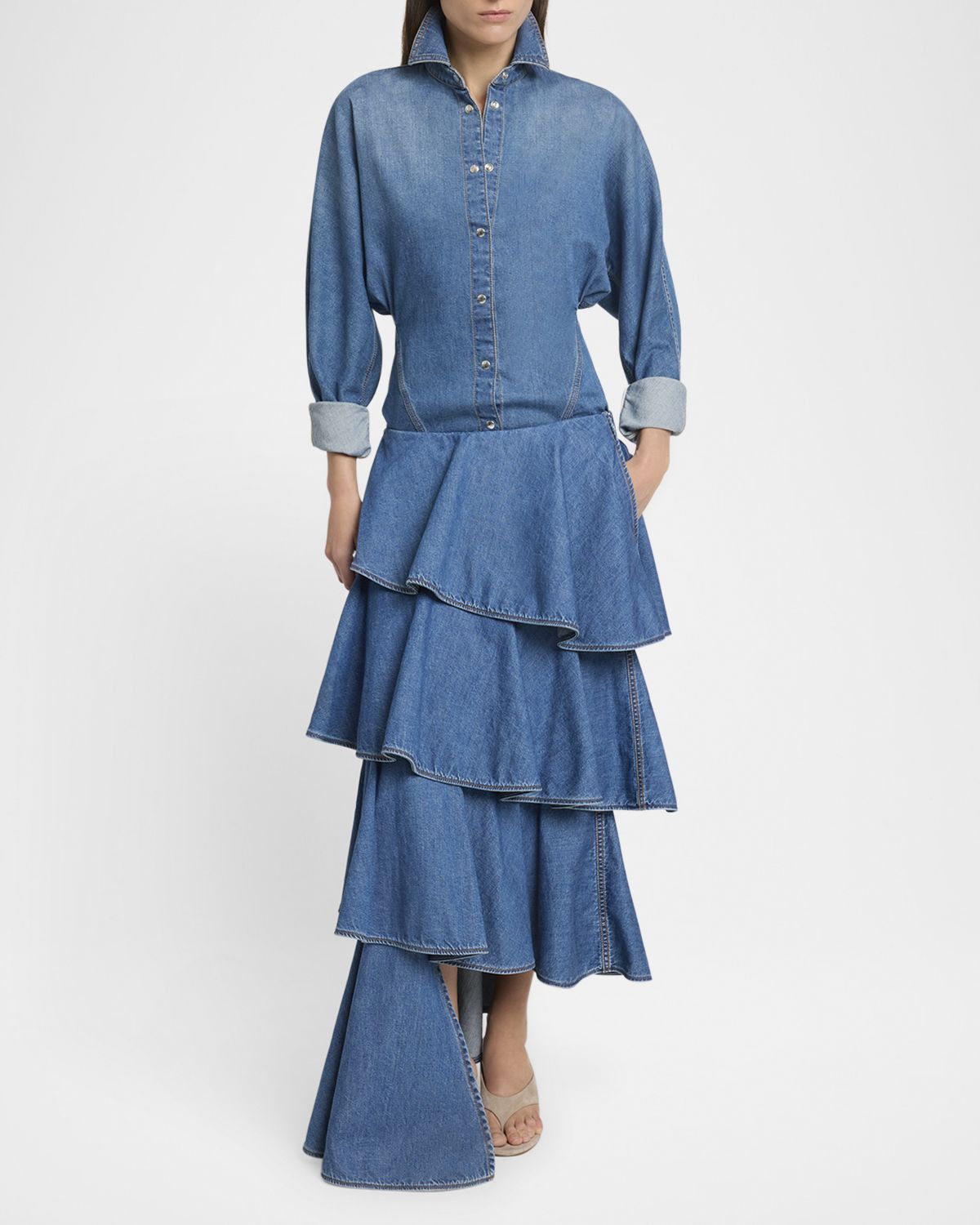 ALAIA Seamed Button-Down Denim Top