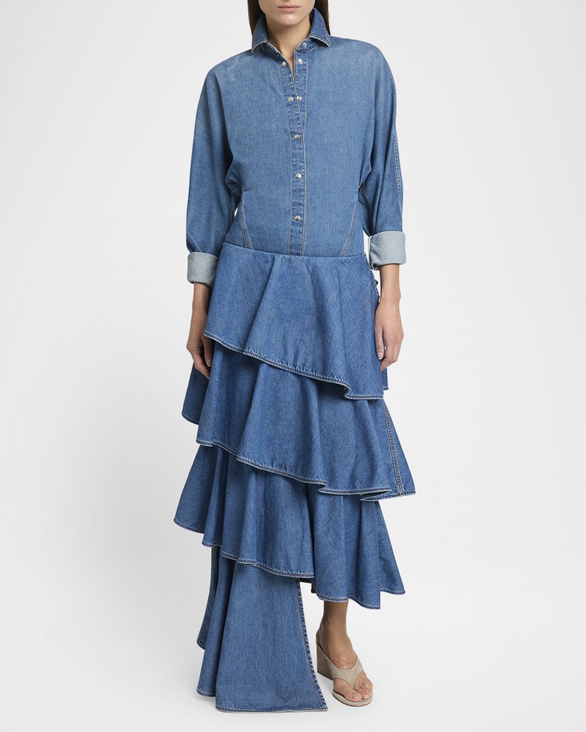ALAIA Spiral Ruffle Denim Midi Skirt