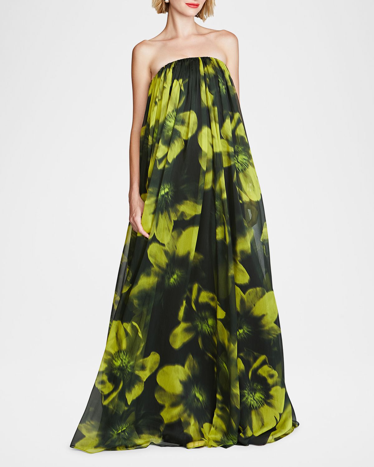 Halston Claudette Strapless Floral-Print Trapeze Gown