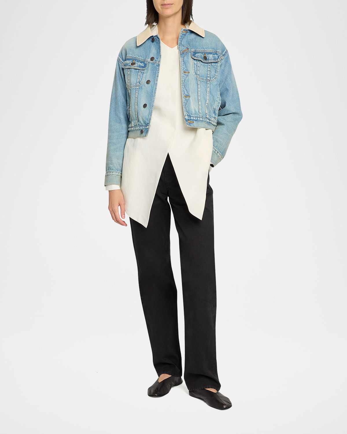 THE ROW Joras Crop Denim Jacket with Corduroy Collar