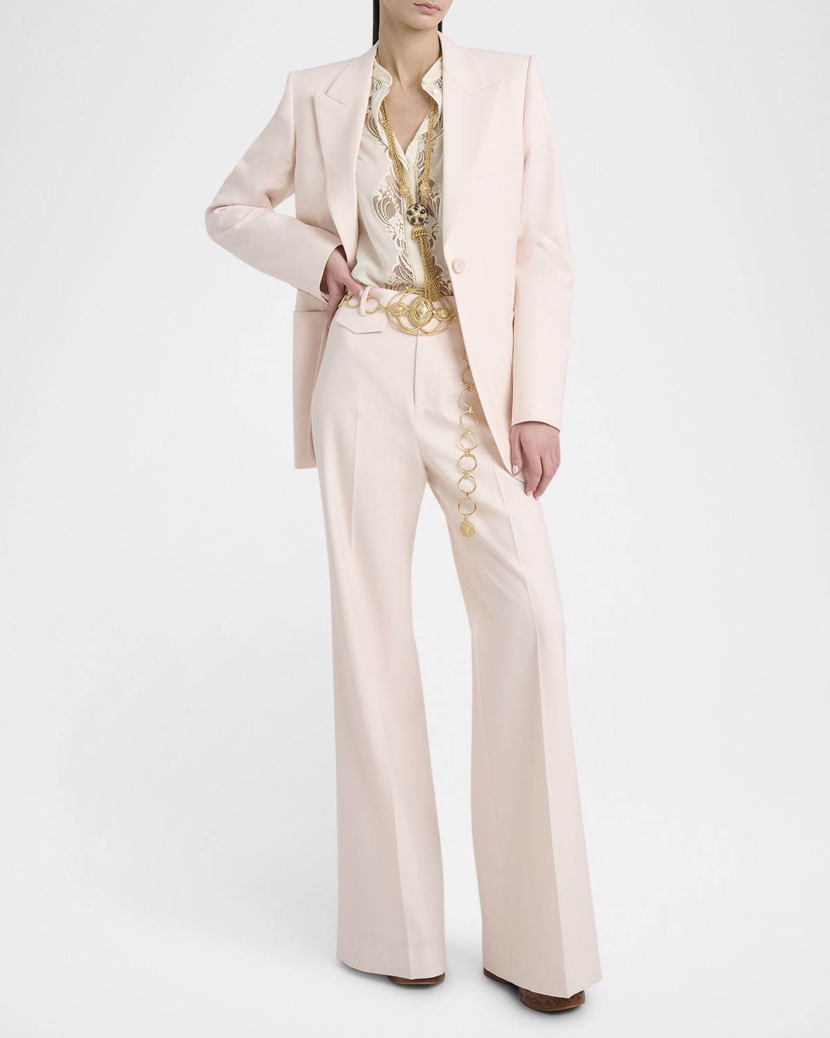 Chloe Lace Placket Tulip-Sleeve Silk Blouse