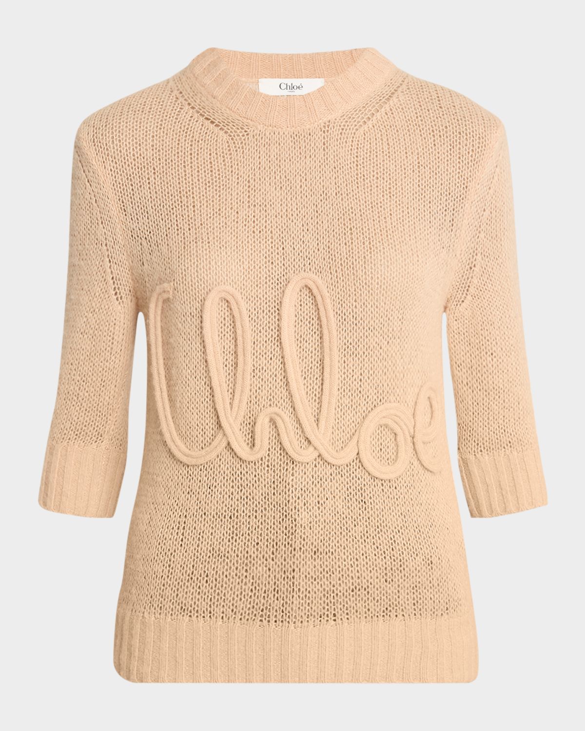 Chloe Logo Embroidered Open-Knit 3/4-Sleeve Sweater
