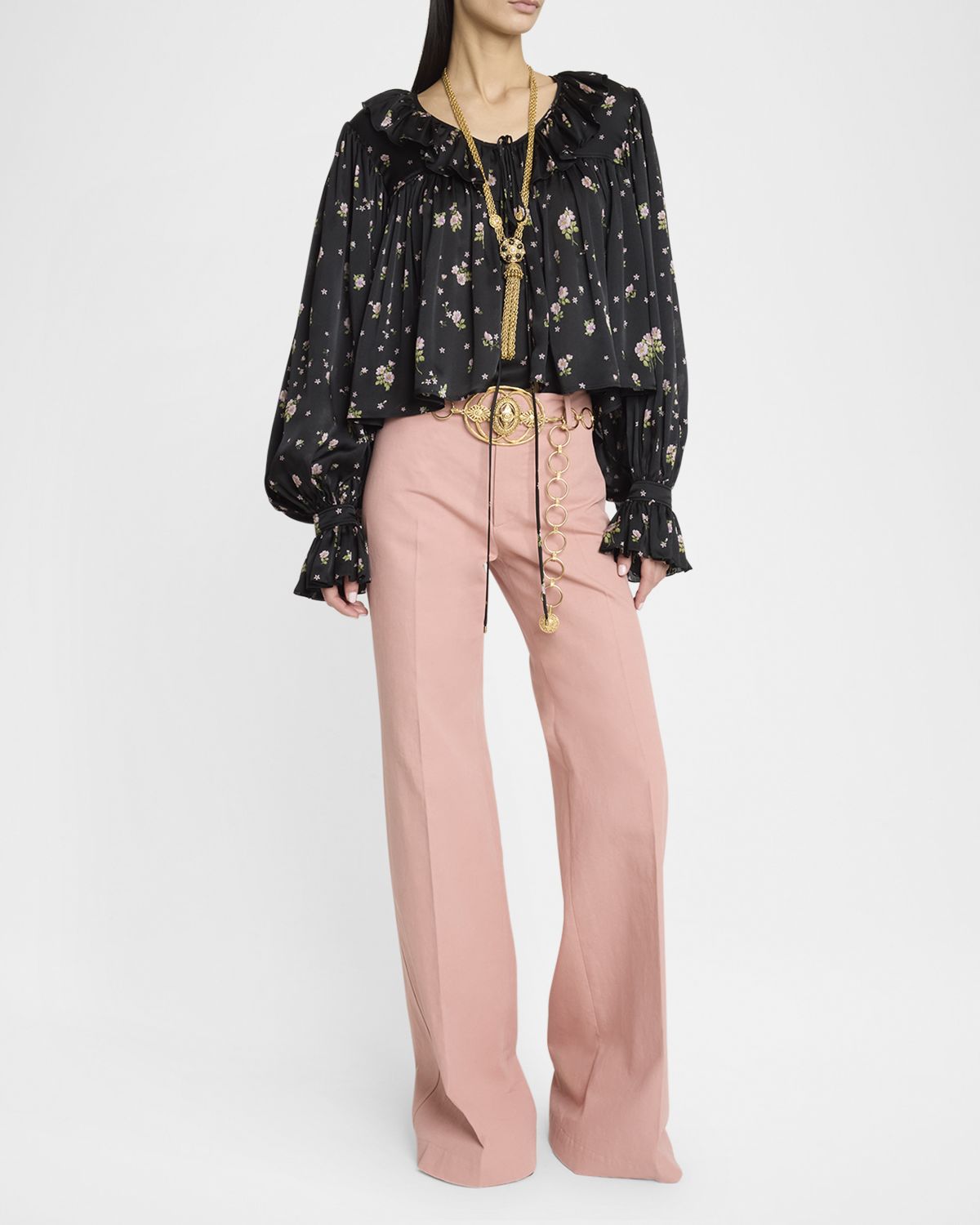 Chloe Floral Silk Ruffle Peasant Blouse