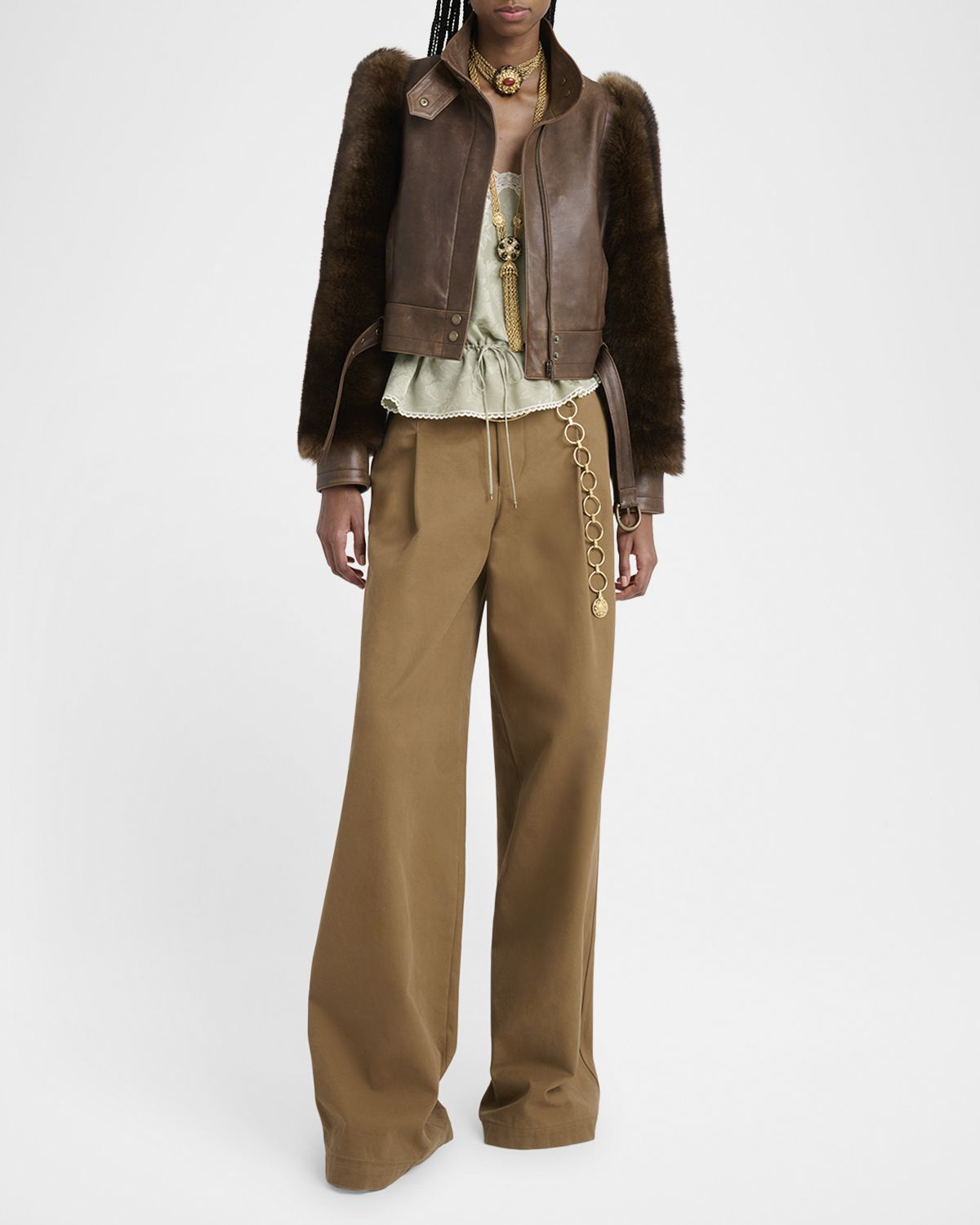 Chloe Faux Fur Sleeves Leather Bomber Jacket