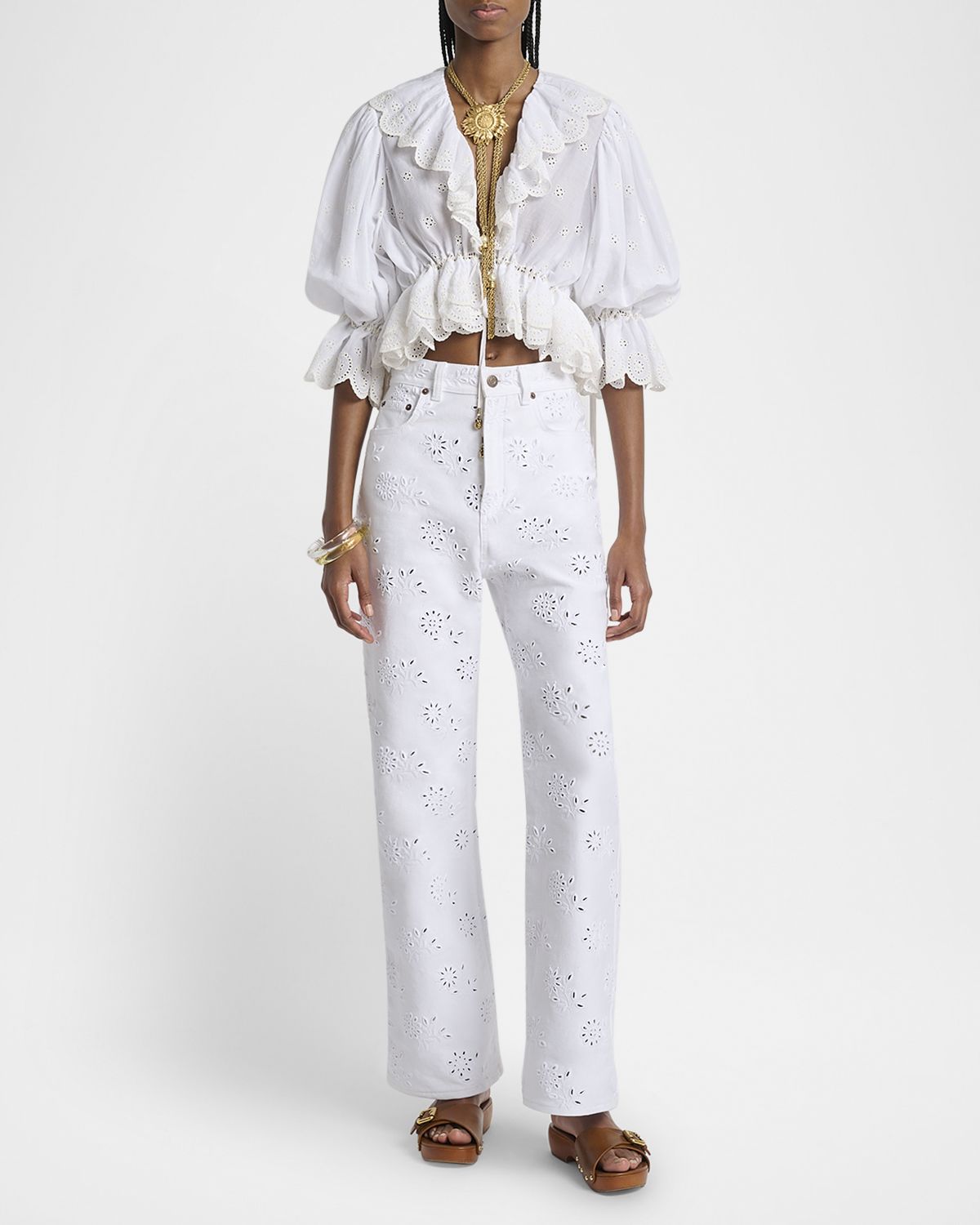 Chloe Eyelet Cotton Ruffle Crop Peasant Blouse