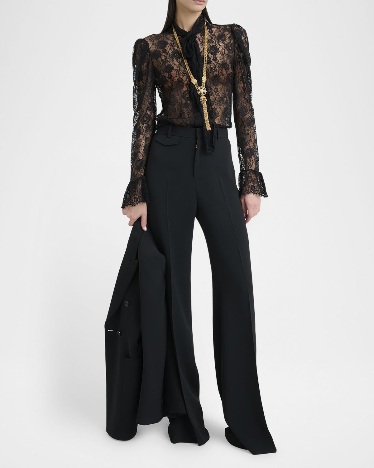 Chloe Tie-Neck Lace Button-Down Blouse