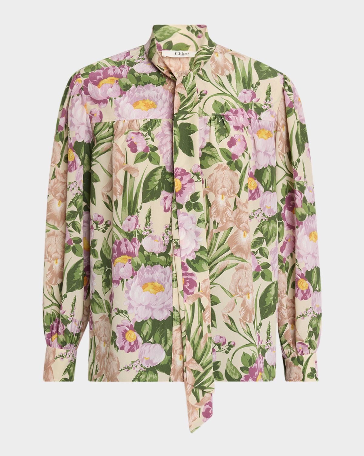 Chloe Floral Silk Neck-Tie Button-Down Blouse