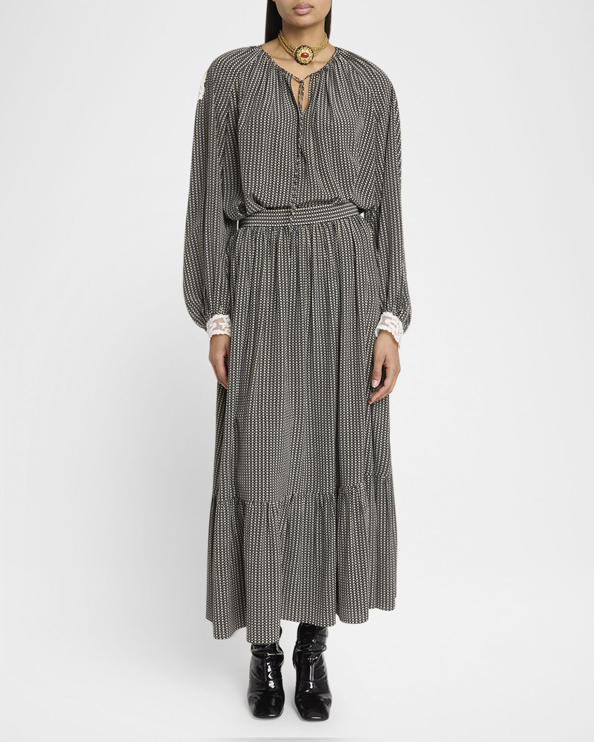 Chloe Micro Check Silk Long-Sleeve Blouse