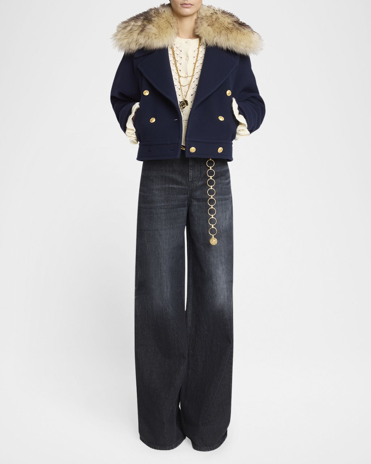 Chloe Faux-Fur Collar Double-Breasted Wool Bomber Jacket