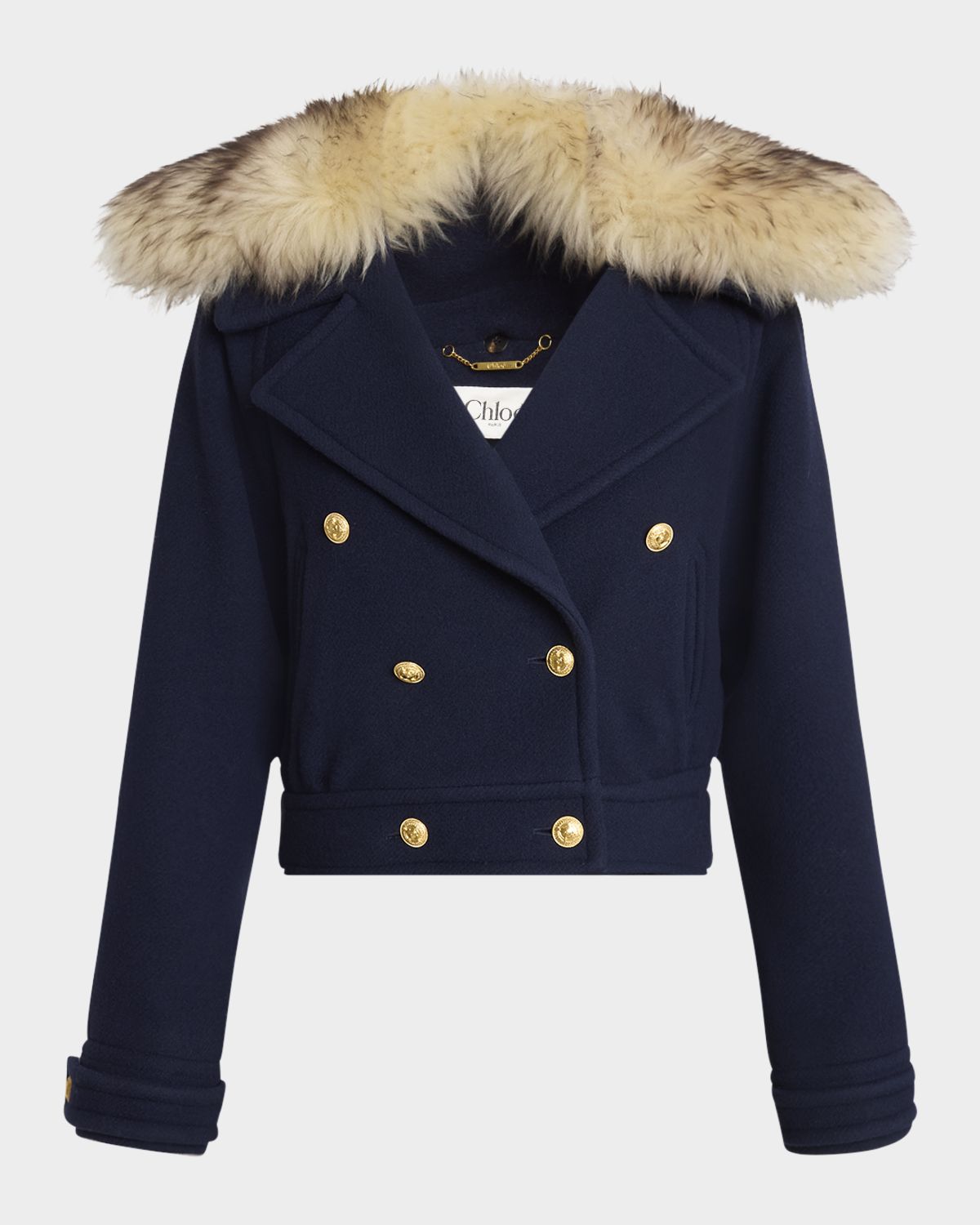Chloe Faux-Fur Collar Double-Breasted Wool Bomber Jacket