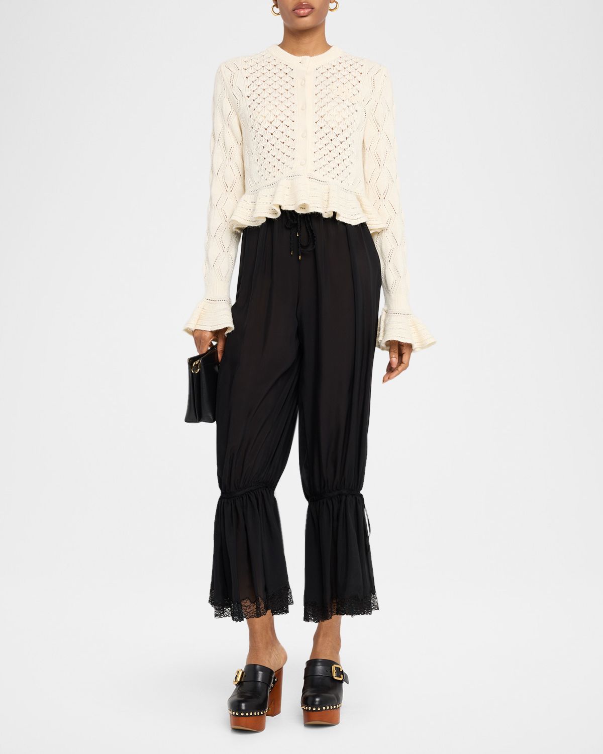 Chloe Open-Knit Ruffle Crewneck Cardigan