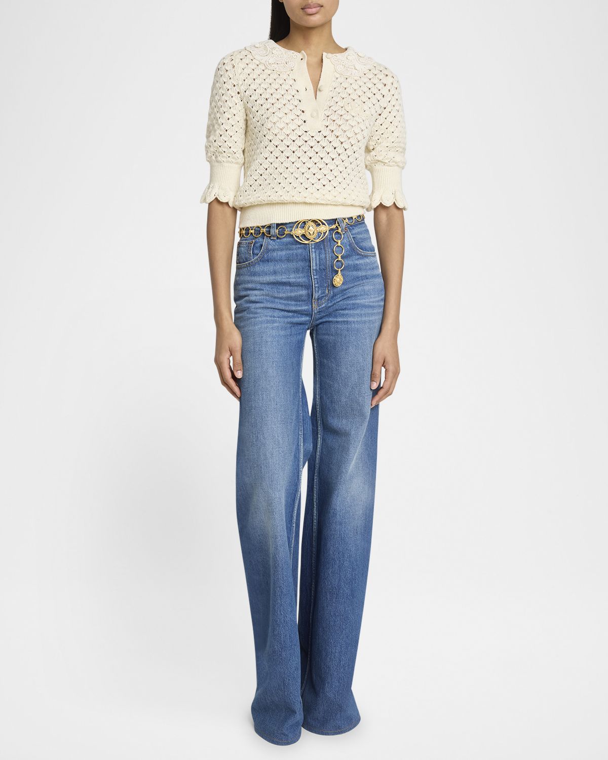 Chloe Lace-Collar Open Knit Polo Top