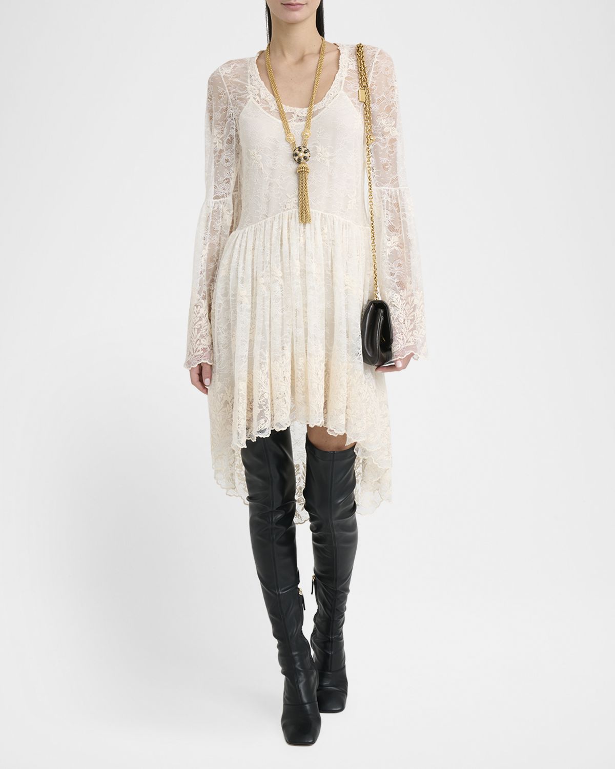 Chloe Lace U-Neck Long-Sleeve Mini Dress