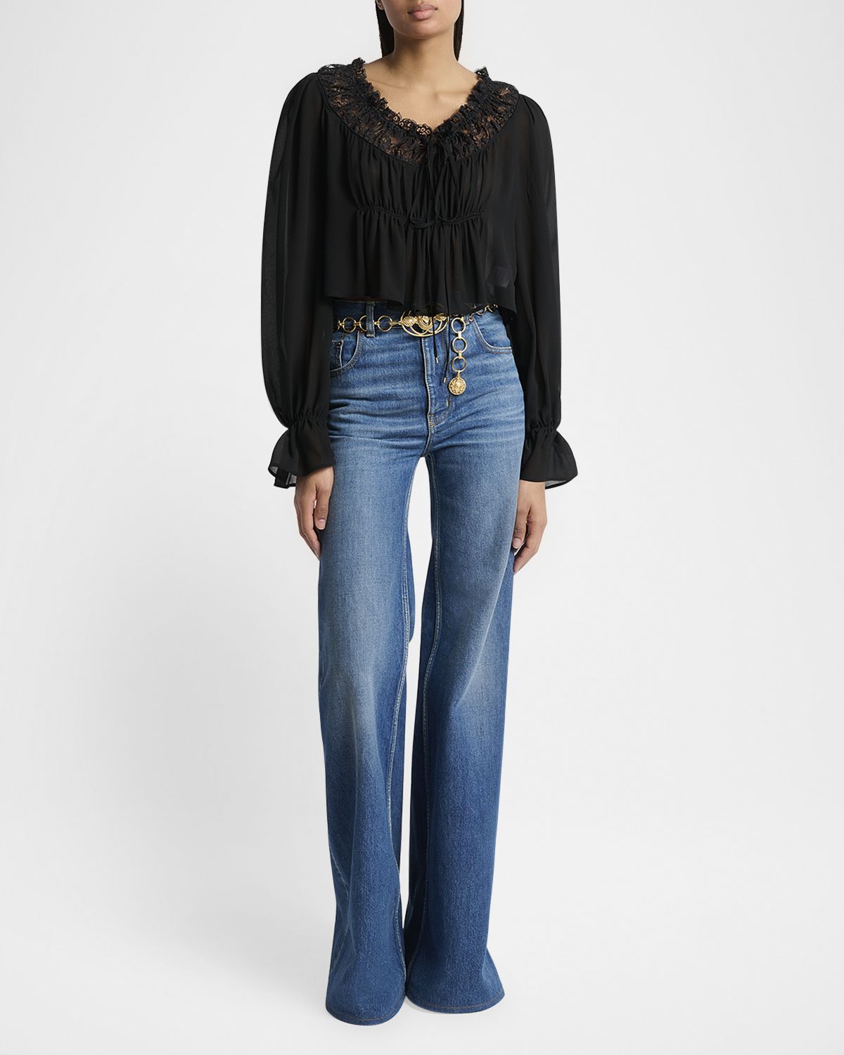 Chloe Ruched Lace Silk Peasant Blouse