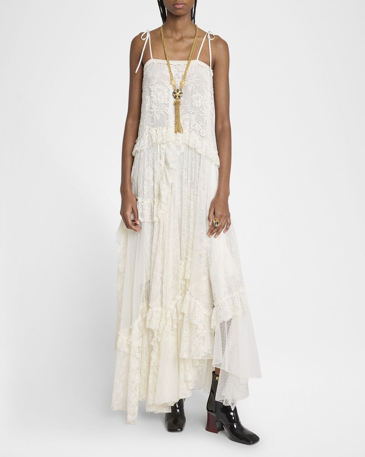 Chloe Ruffle-Trim Floral Lace Maxi Dress