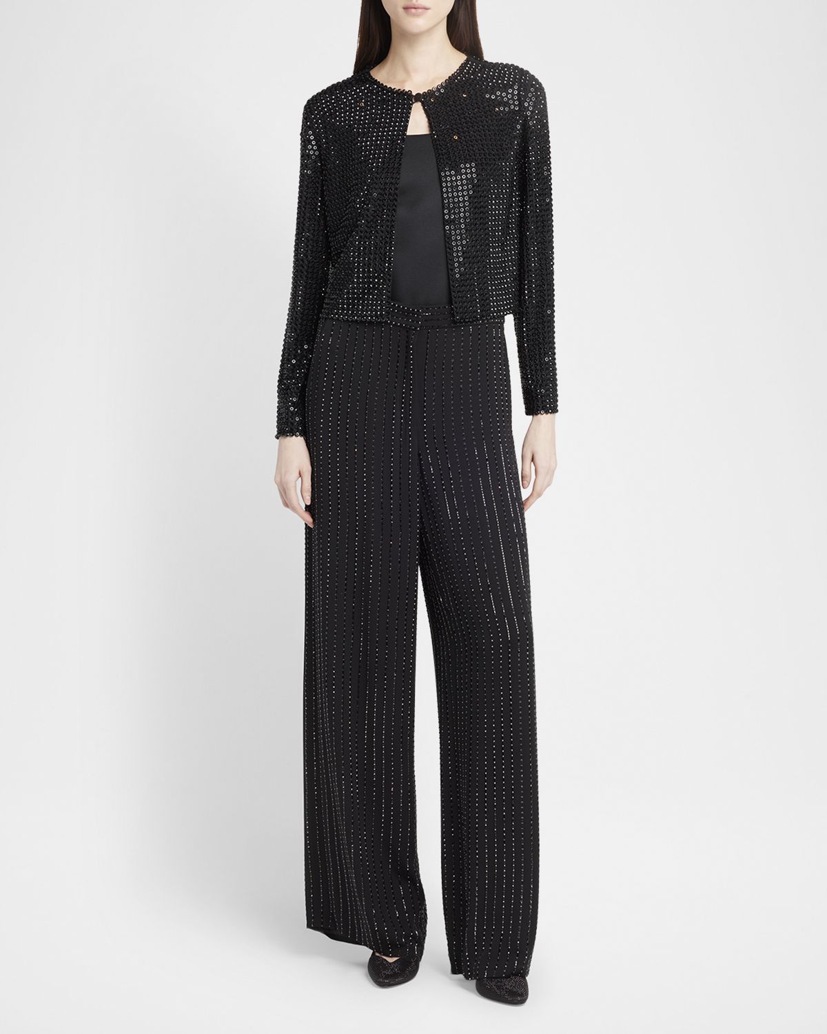 Giorgio Armani Crystal Pinstripe Straight-Leg Silk Trousers