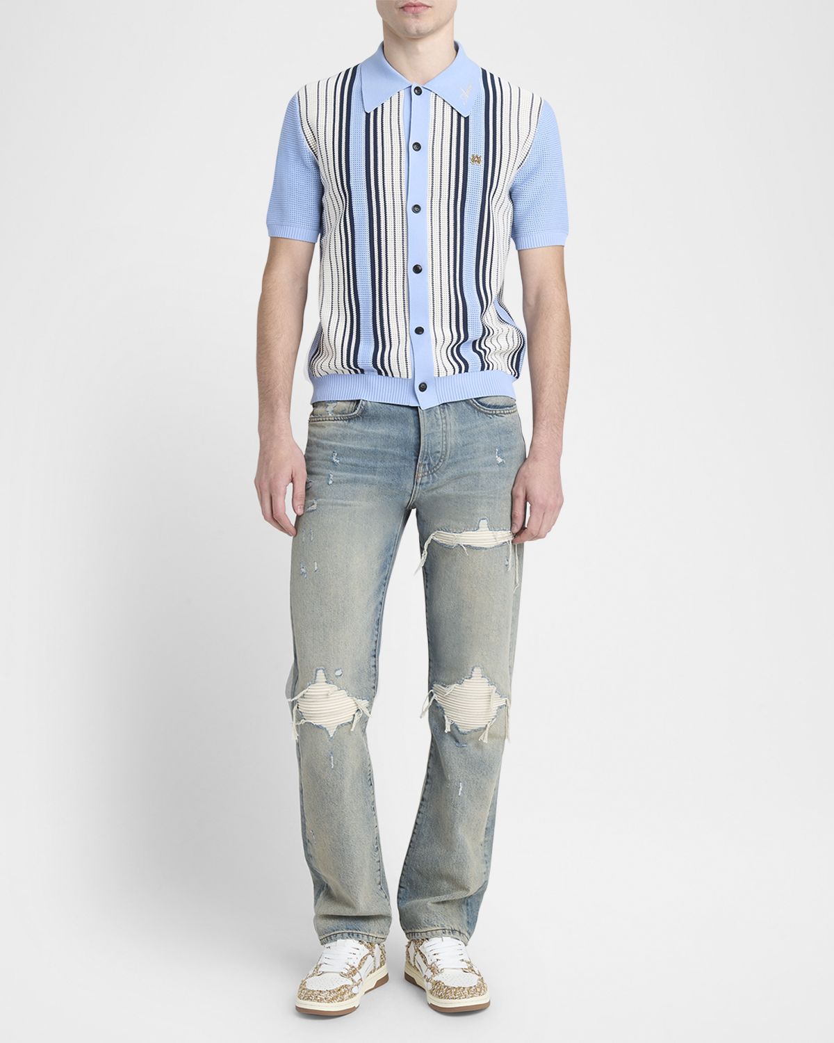 Amiri Men 's MX1 Distressed Jeans with Pleated Suede