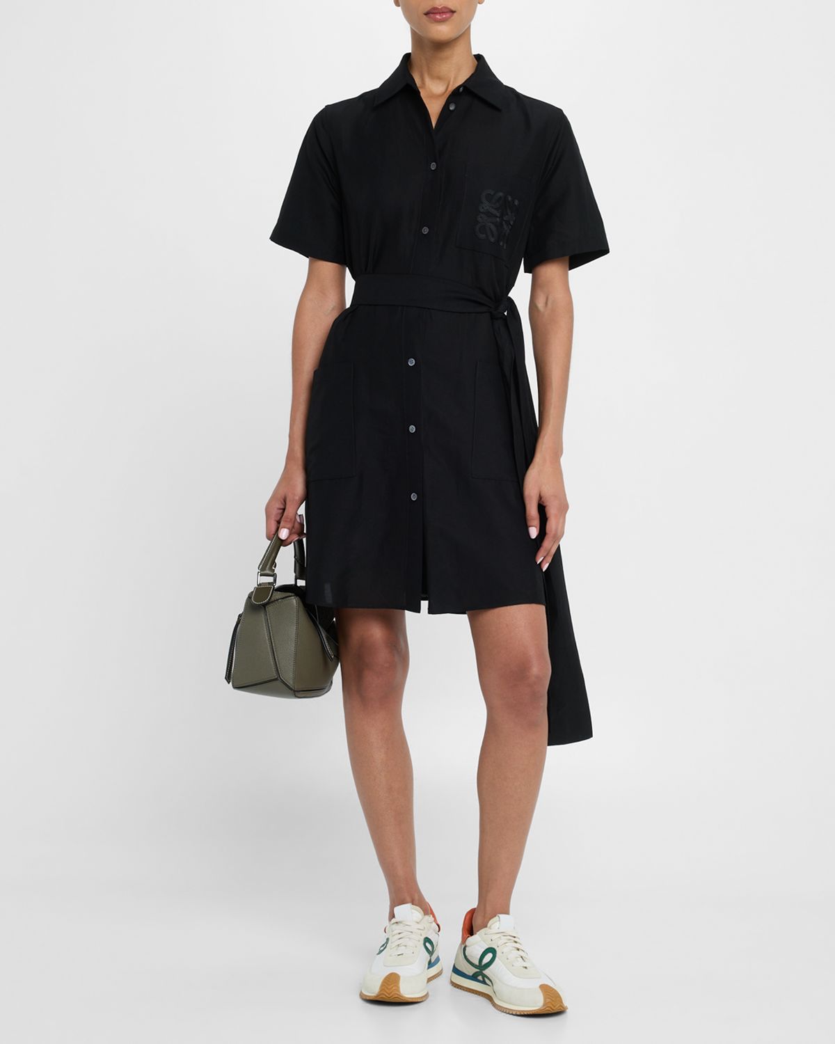 Loewe Anagram Pocket Short-Sleeve Belted Mini Shirtdress