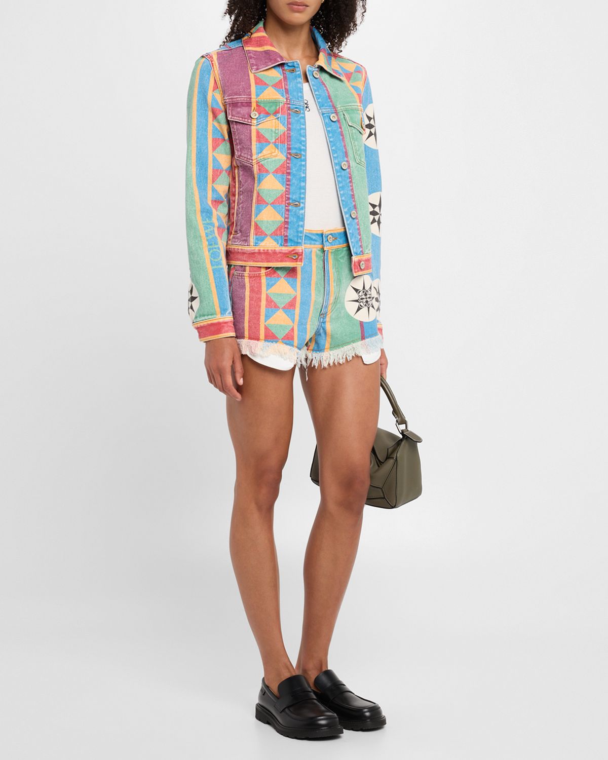 Loewe Geo Print Denim Frayed Peekaboo Shorts