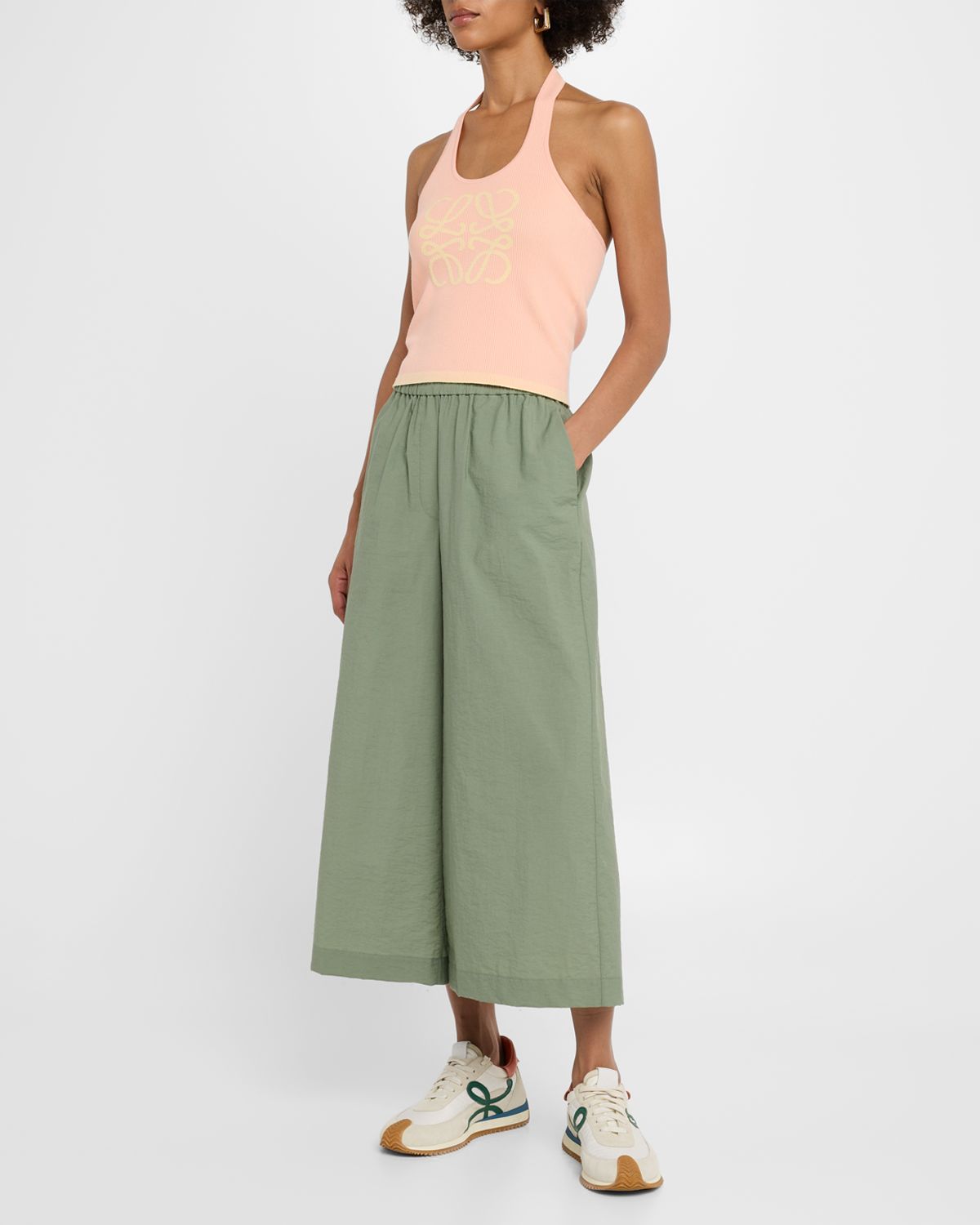 Loewe Anagram Embroidered Wide-Leg Crop Pull-On Trousers