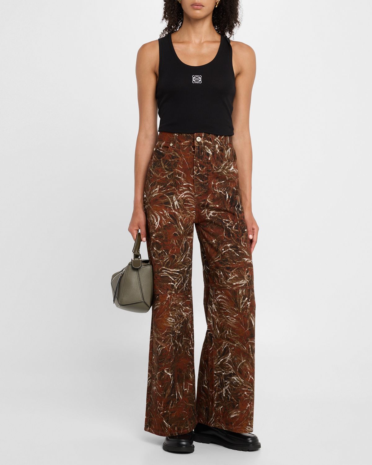 Loewe Feather Printed Denim Wide-Leg Pants