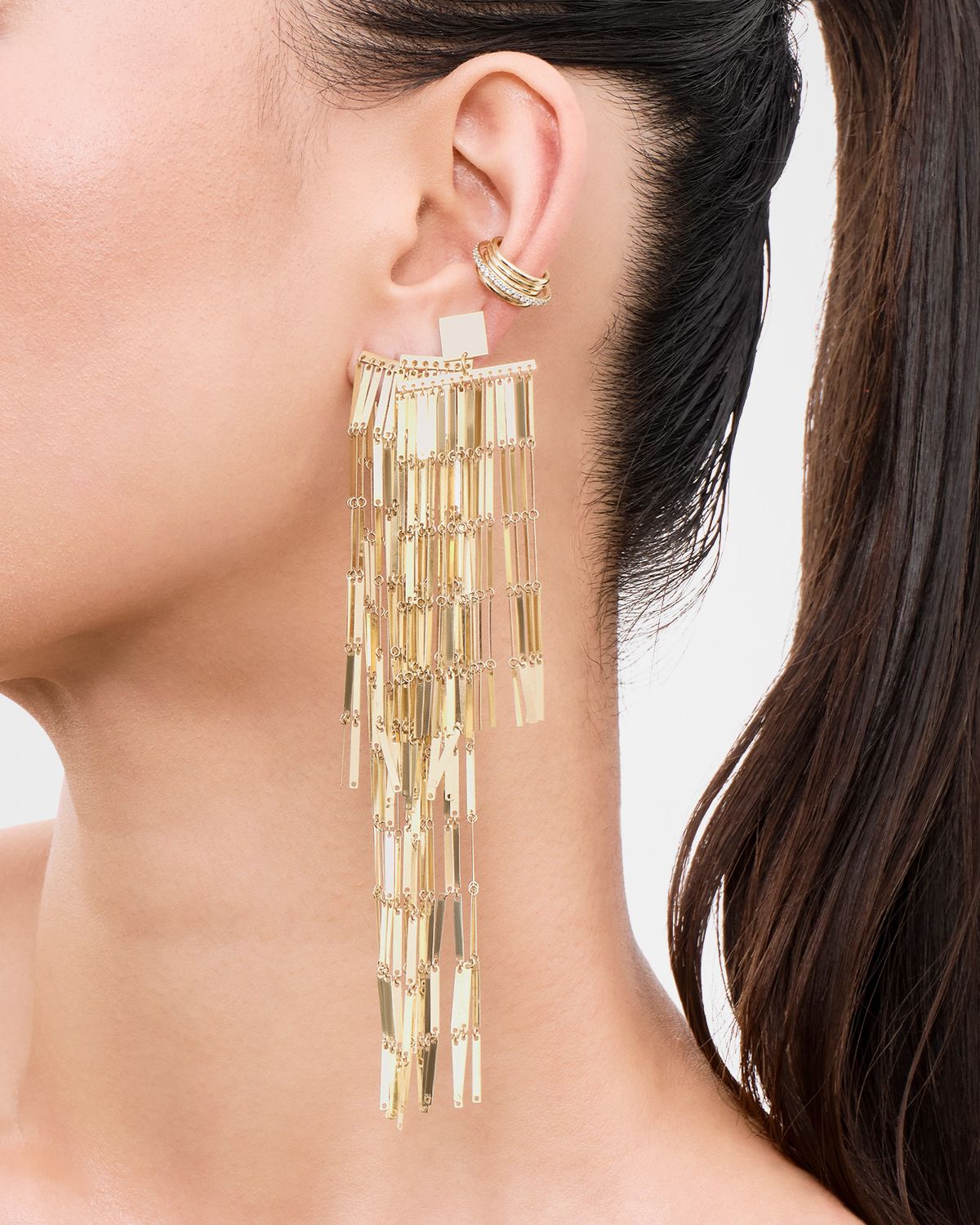 LANA Laser-Cut Rectangle Chainmail Front Back Earrings in 14K Gold