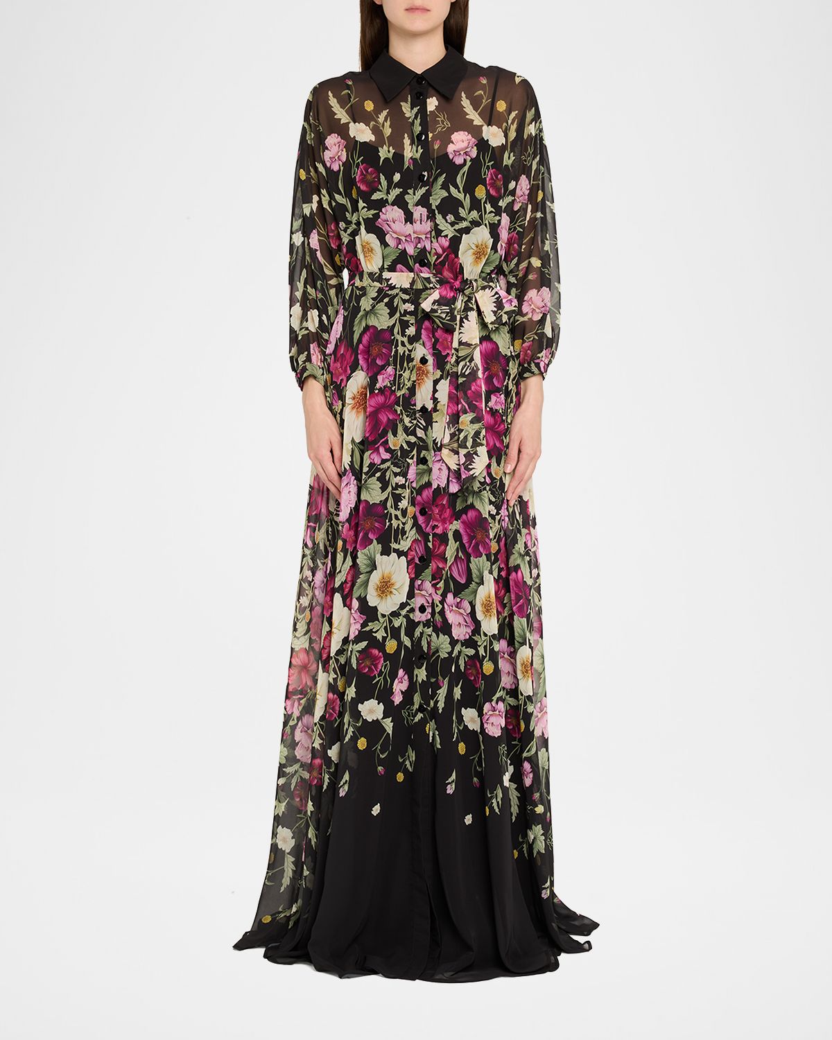 Rickie Freeman for Teri Jon Floral-Print Chiffon Shirt Gown