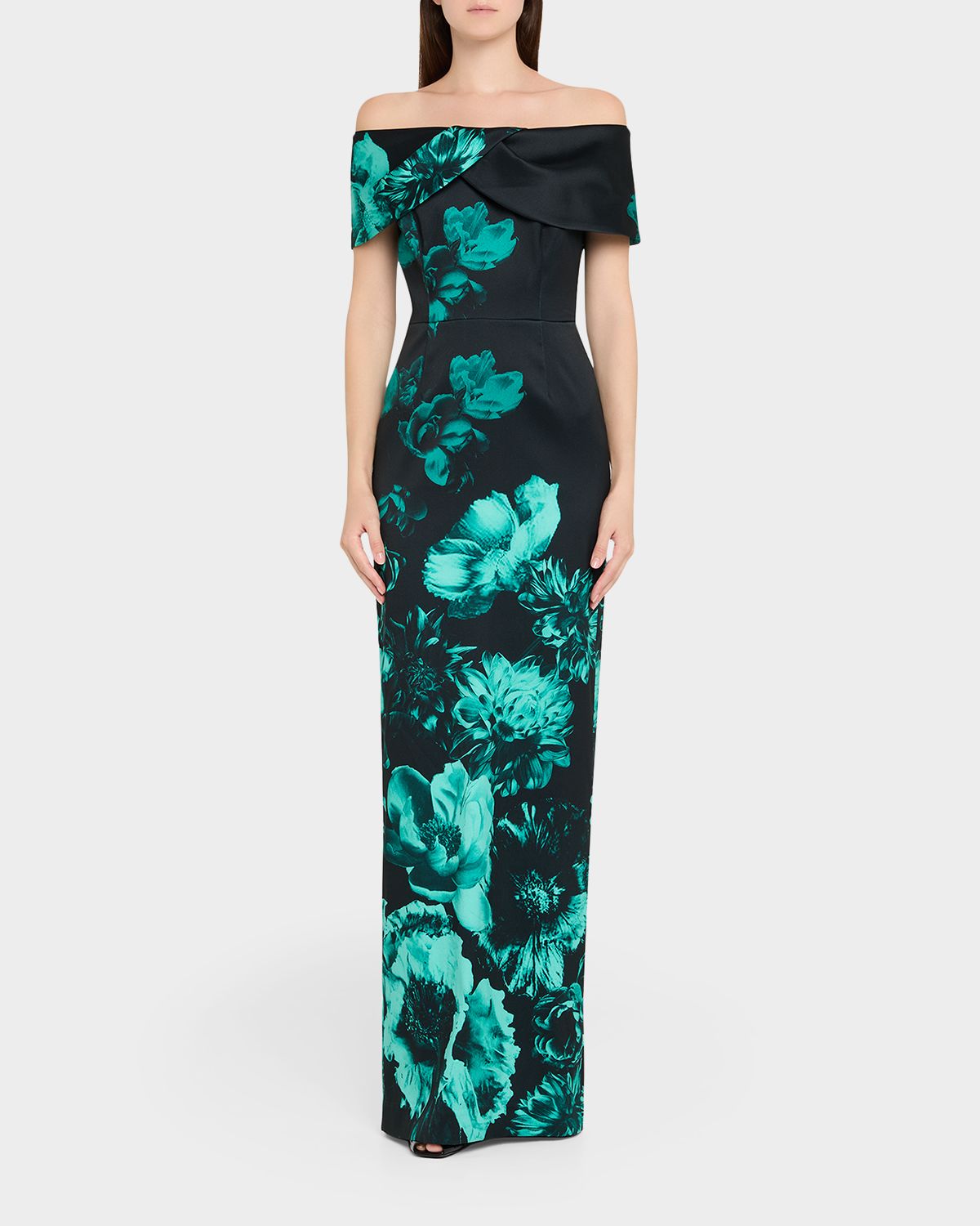 Rickie Freeman for Teri Jon Off-Shoulder Stretch Mikado Column Gown