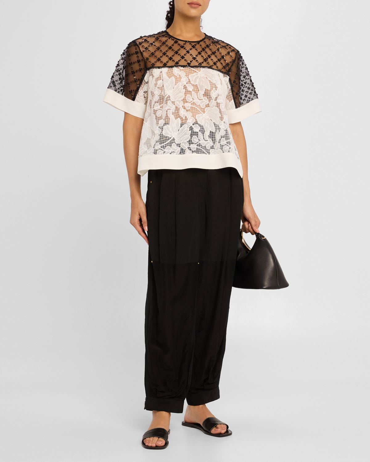 3.1 Phillip Lim Corded Lace Organza Short-Sleeve Flounce Top