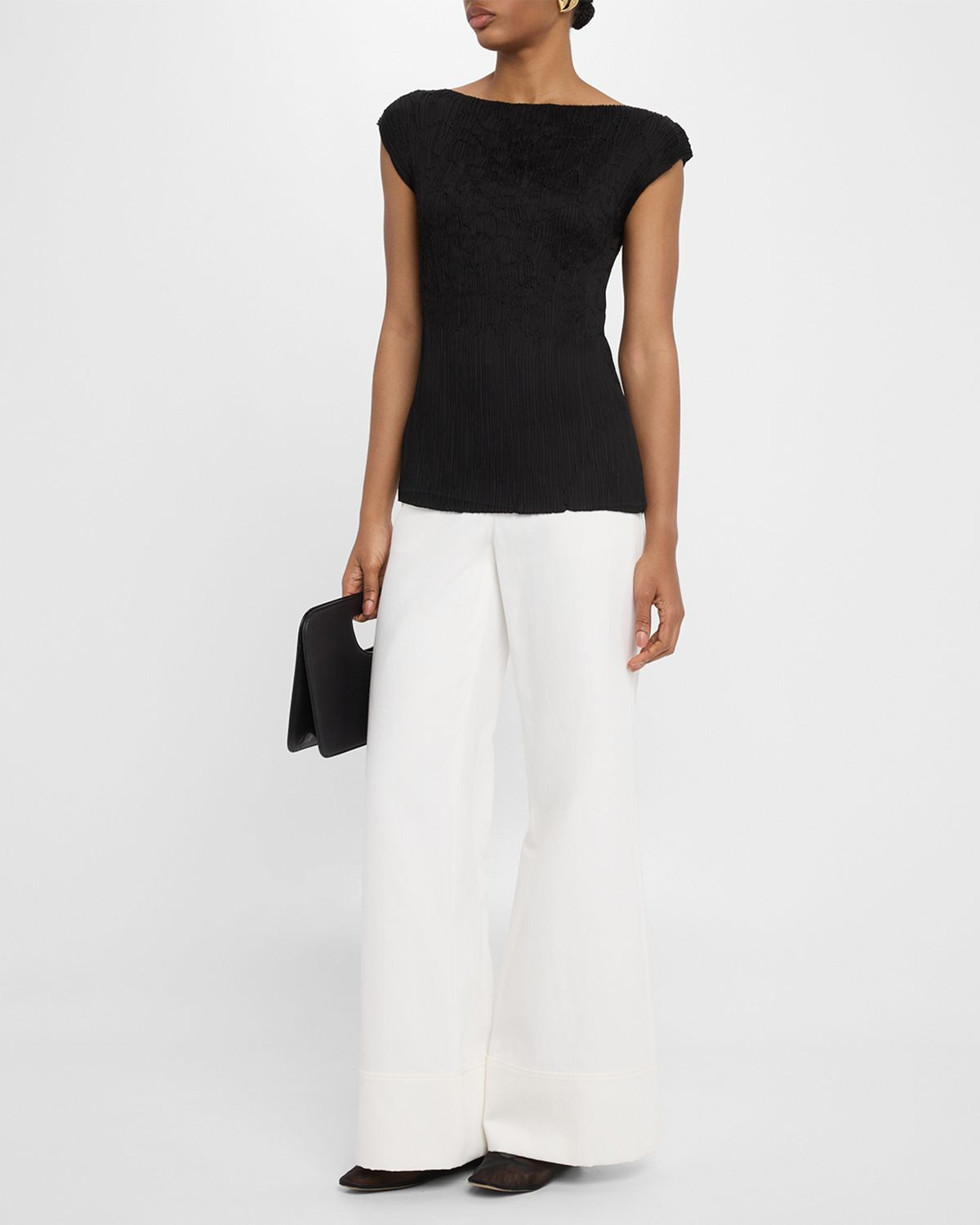 Lafayette 148 New York Cap-Sleeve Embroidered Plisse Blouse