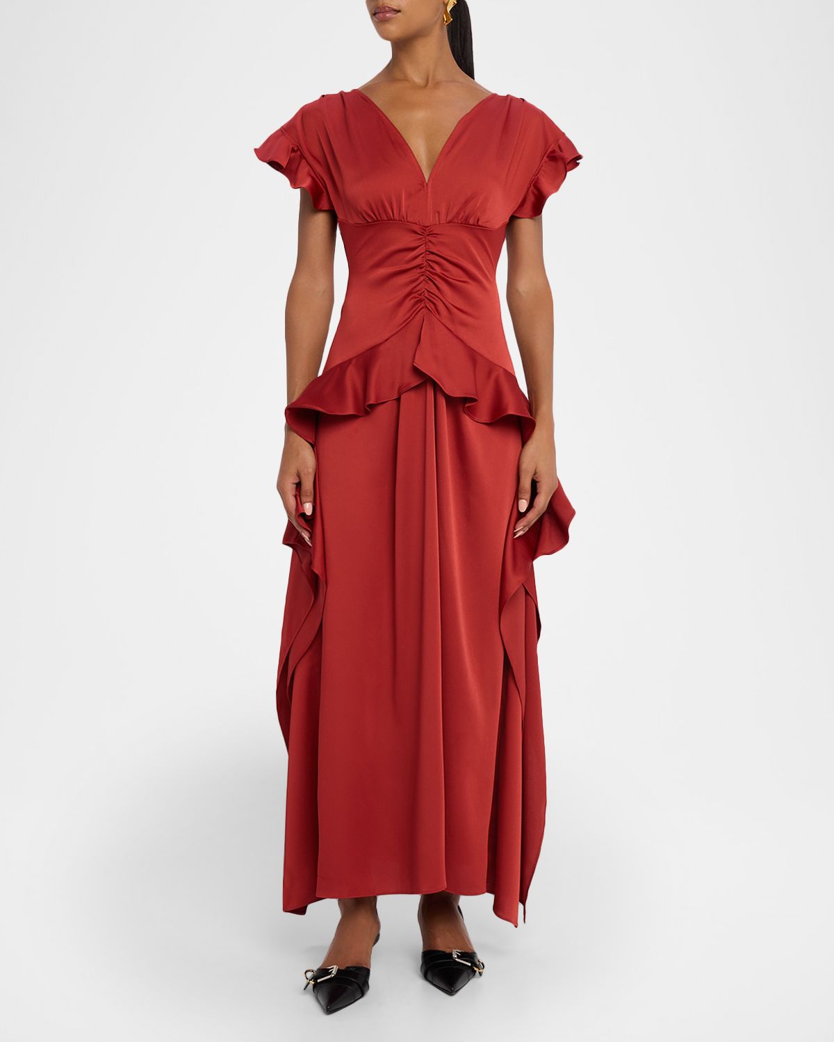 AKNVAS Danielle Draped Ruffle Satin Dress
