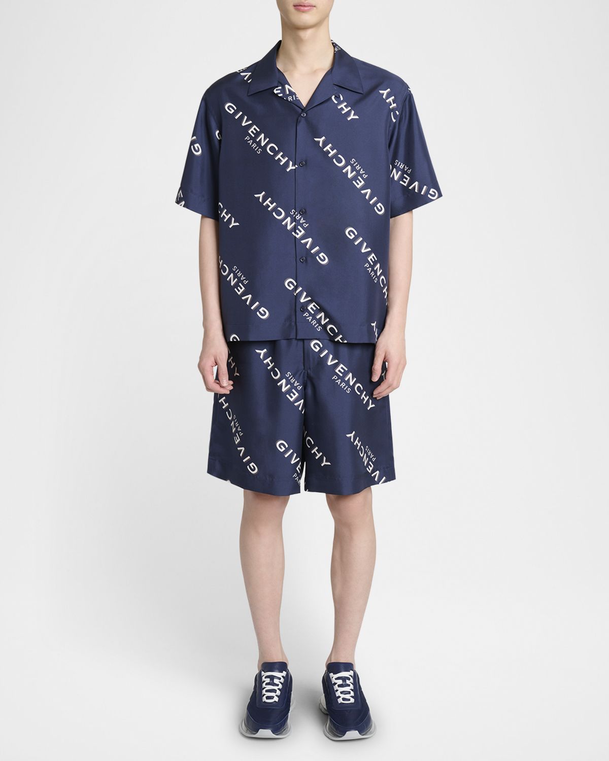 Givenchy Men 's Silk All-Over Logo Bowling Shirt