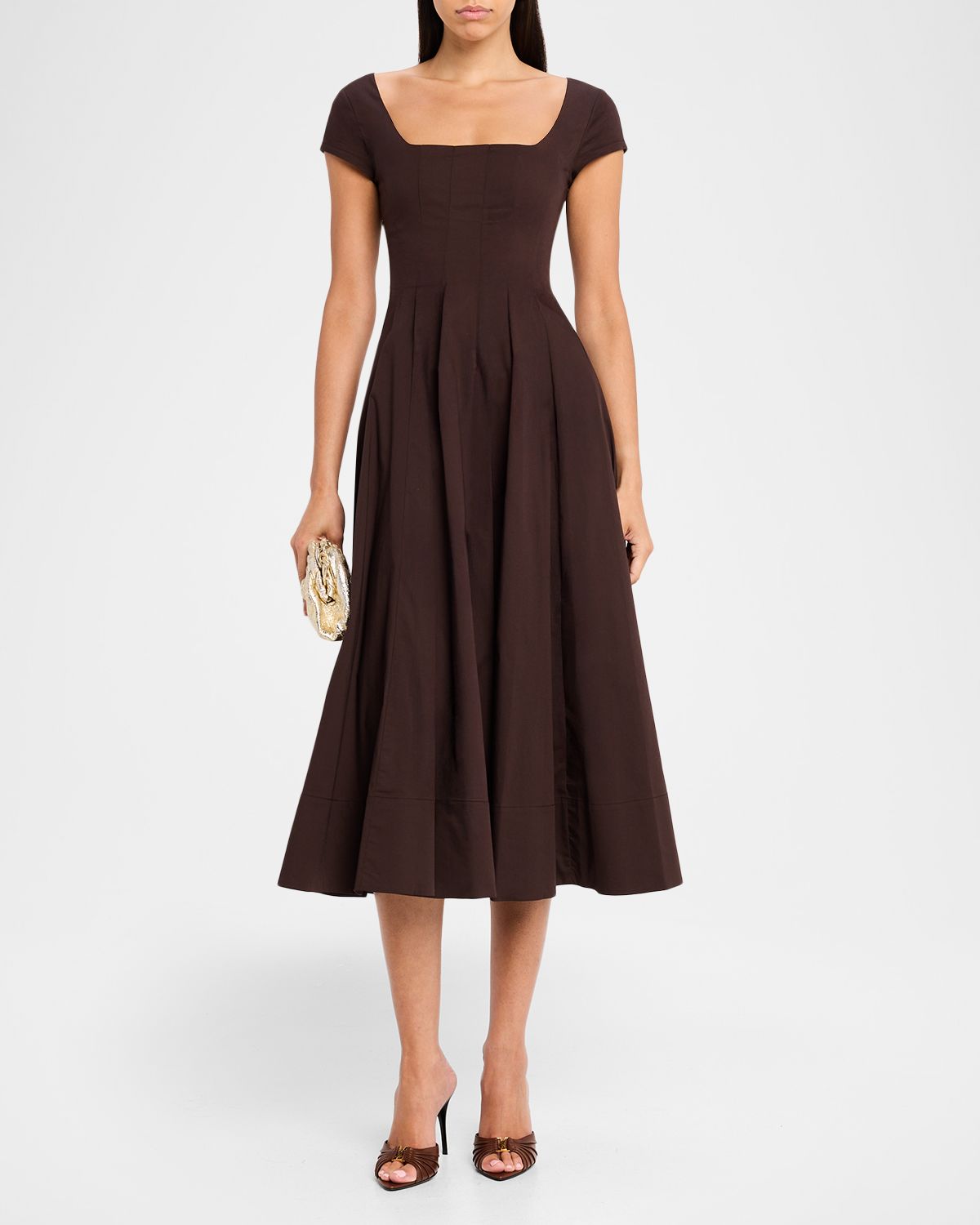 STAUD Wells Stretch Cotton Fit and Flare Midi Dress