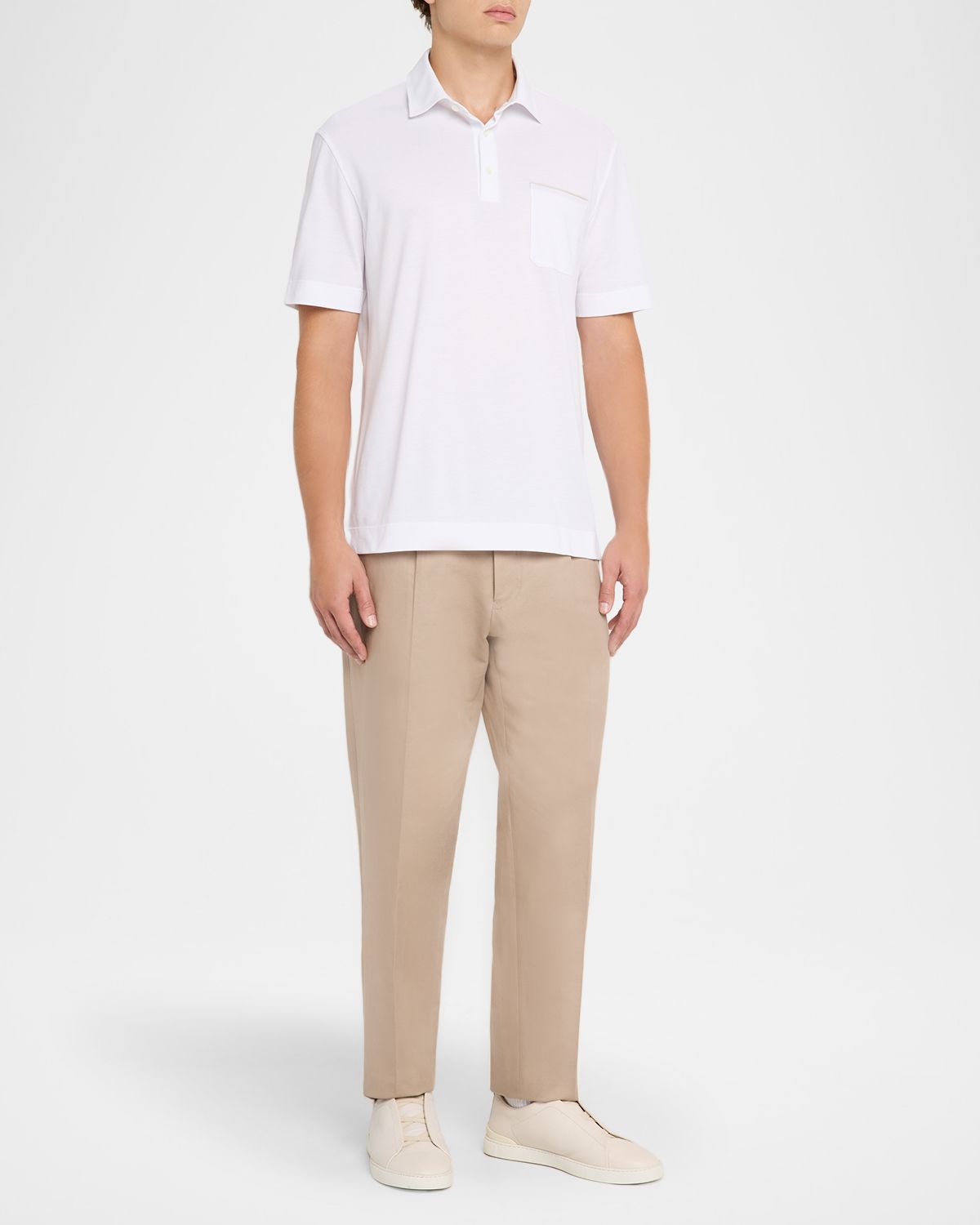 ZEGNA Men 's Cotton Polo Shirt with Leather-Trim Pocket