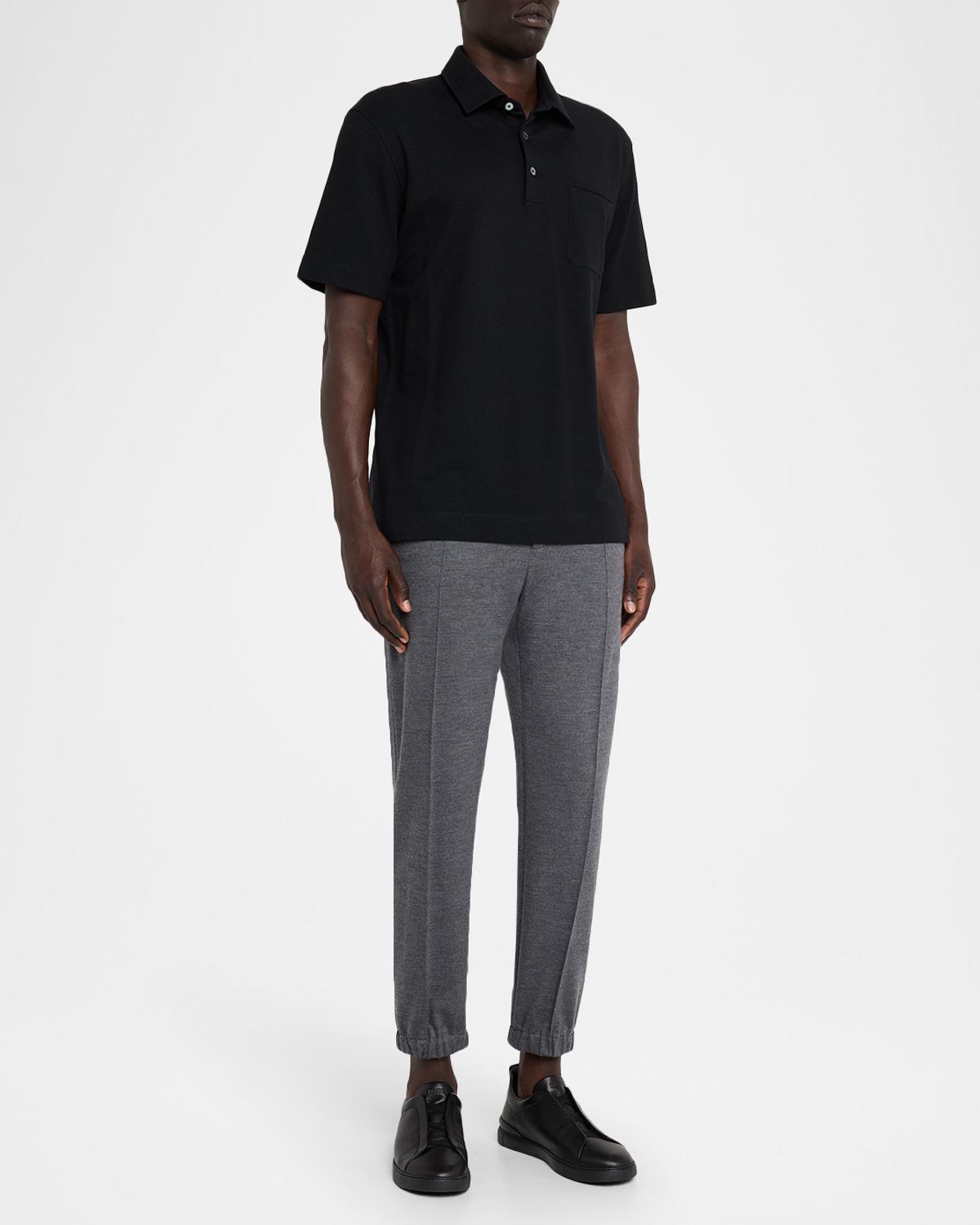 ZEGNA Men 's Cotton Polo Shirt with Leather-Trim Pocket