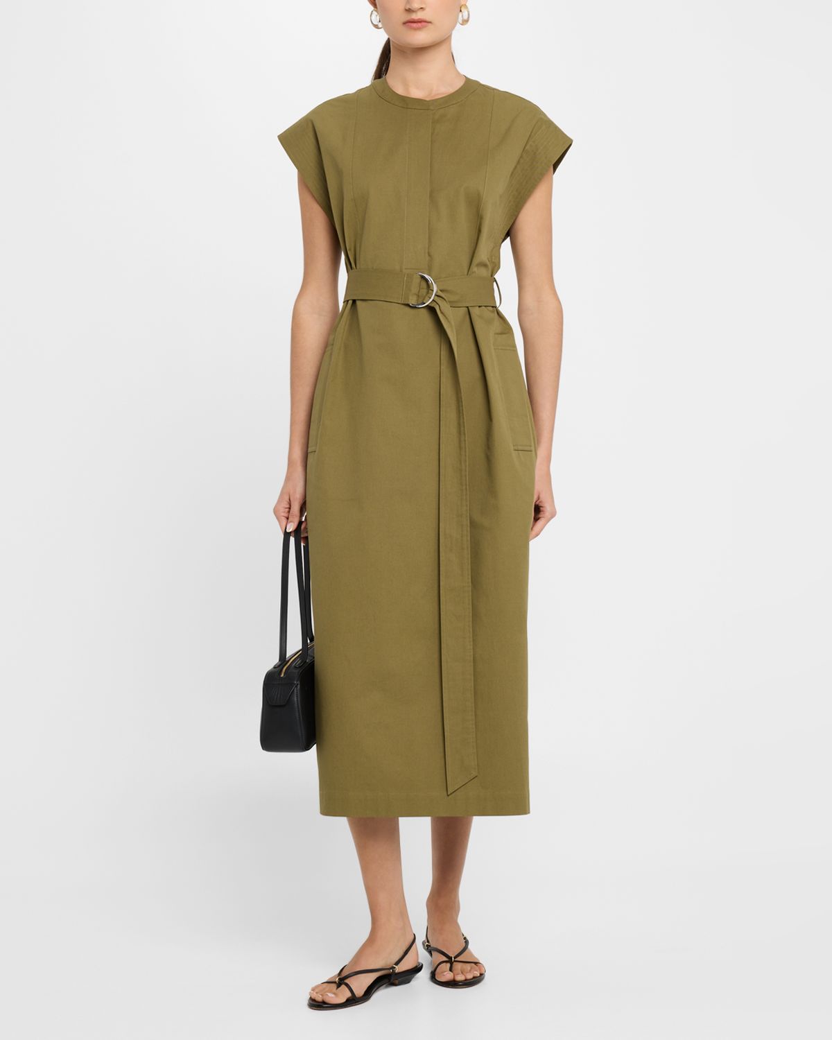 ARGENT Belted Cap-Sleeve Cotton Twill Midi Shirtdress