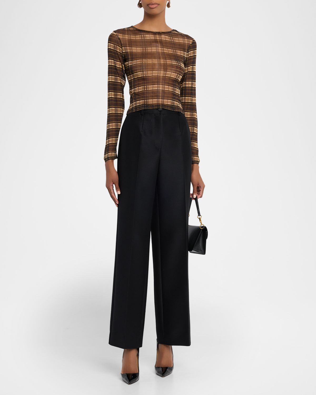 Wynn Hamlyn Plaid Silk-Mesh Long-Sleeve Top