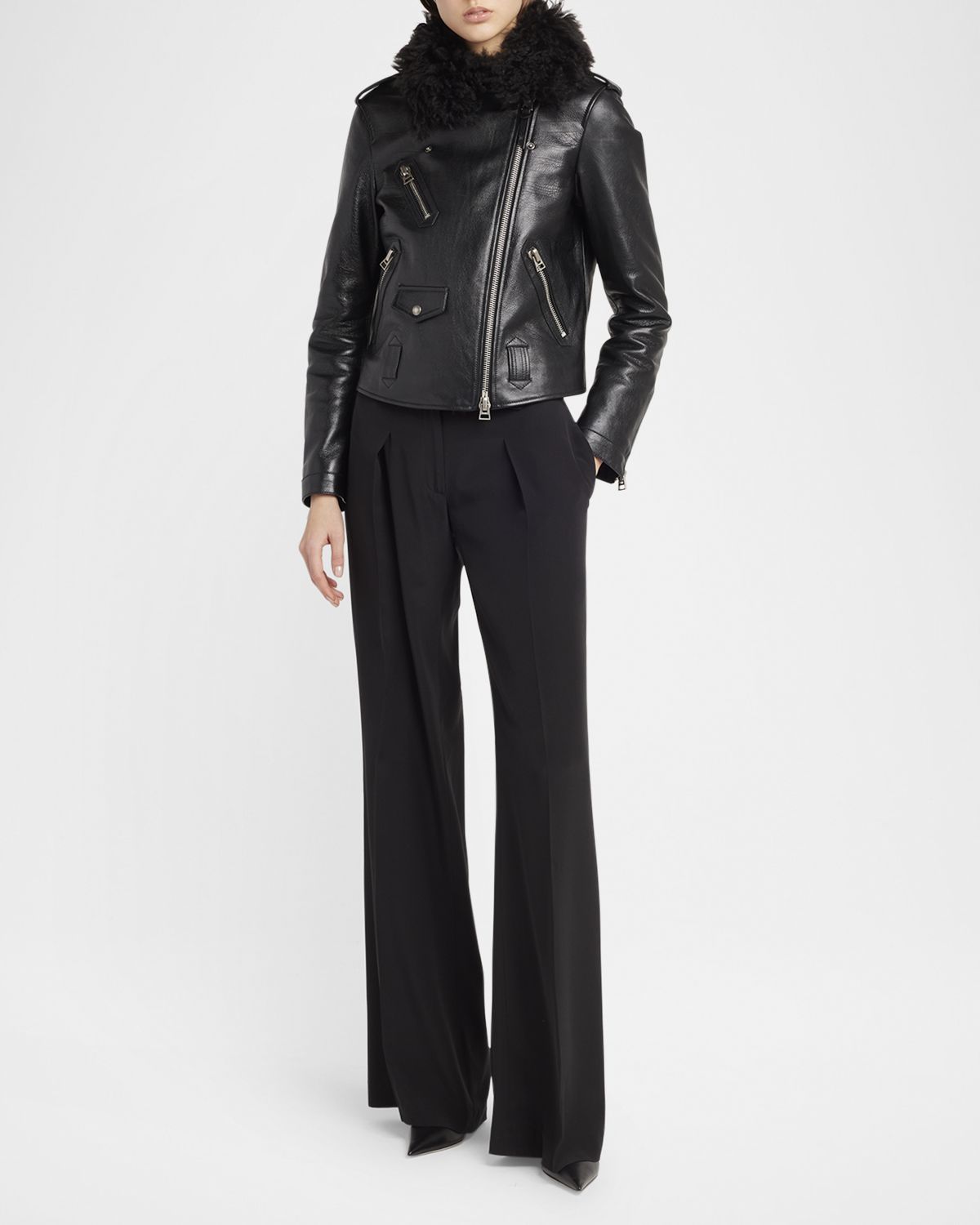 TOM FORD Curly Sheep Shearling Collar Leather Biker Jacket
