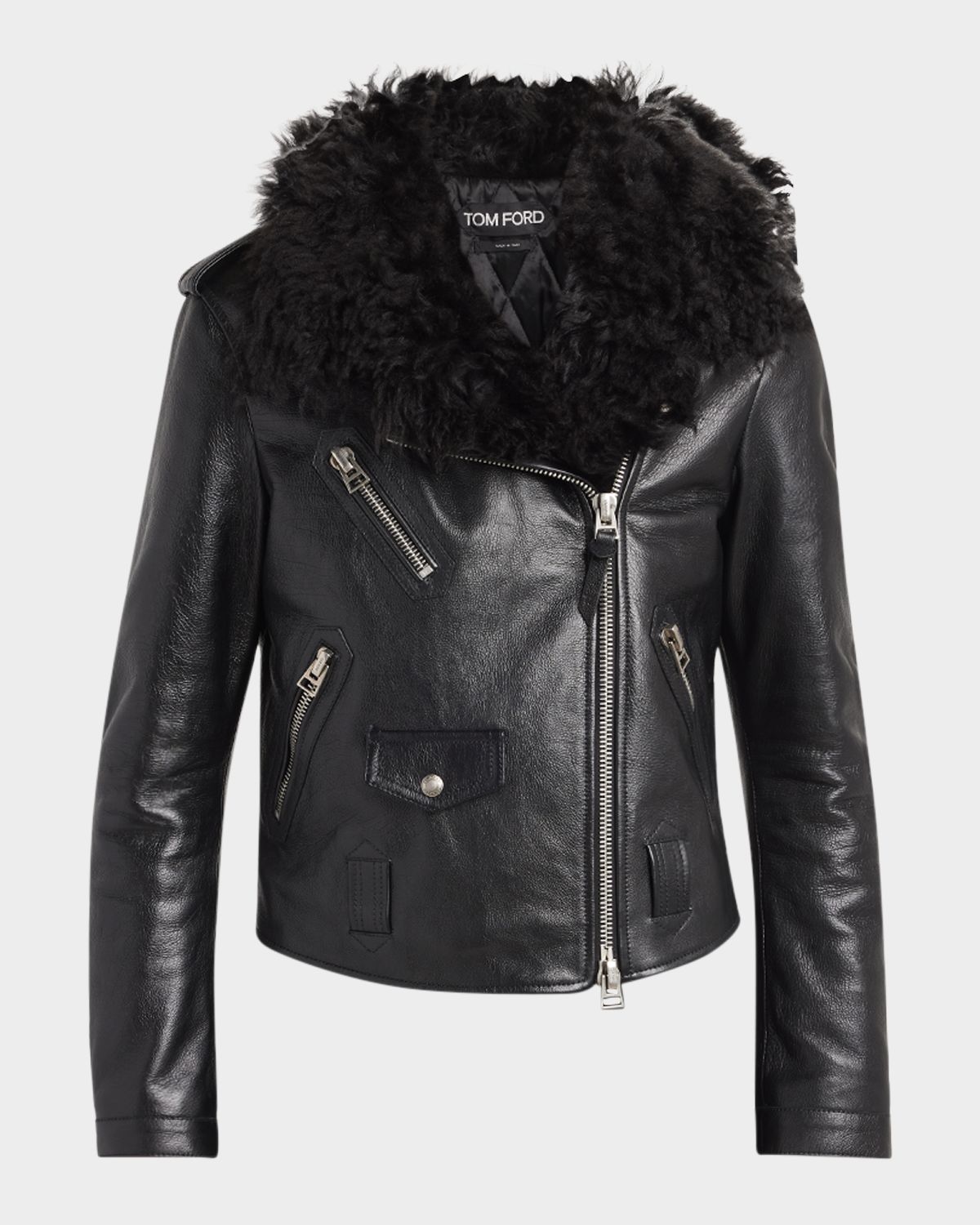 TOM FORD Curly Sheep Shearling Collar Leather Biker Jacket