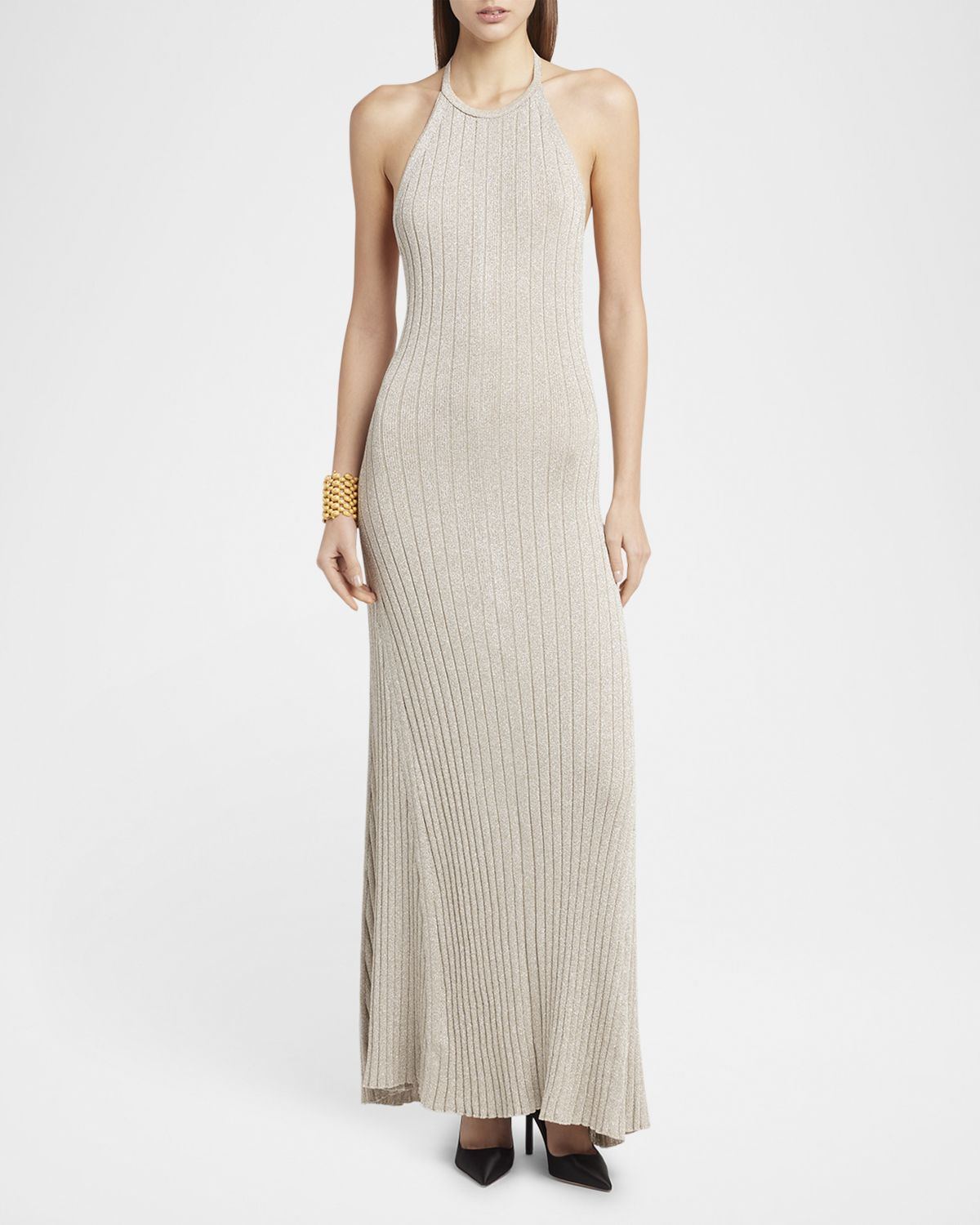 TOM FORD Metallic Rib Halter Backless Maxi Dress