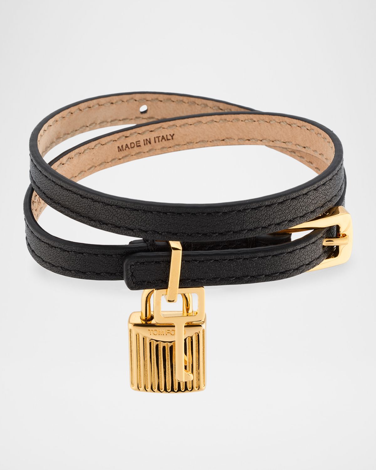 TOM FORD Lock-Pendant Leather Wrap Bracelet