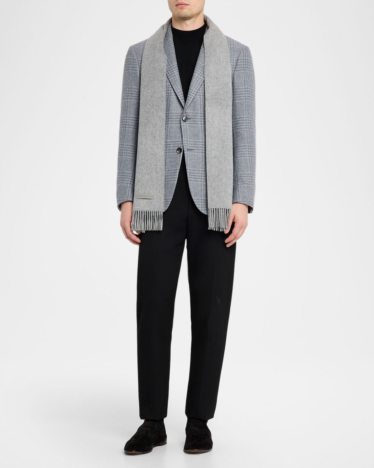 ZEGNA Men 's Oasi Cashmere Madras Check Scarf with Leather Brand Mark