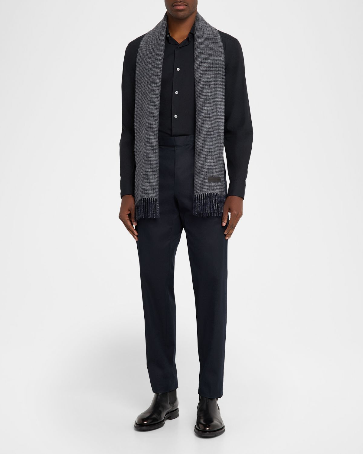 ZEGNA Men's Oasi Cashmere Check Scarf with Leather Brand Mark